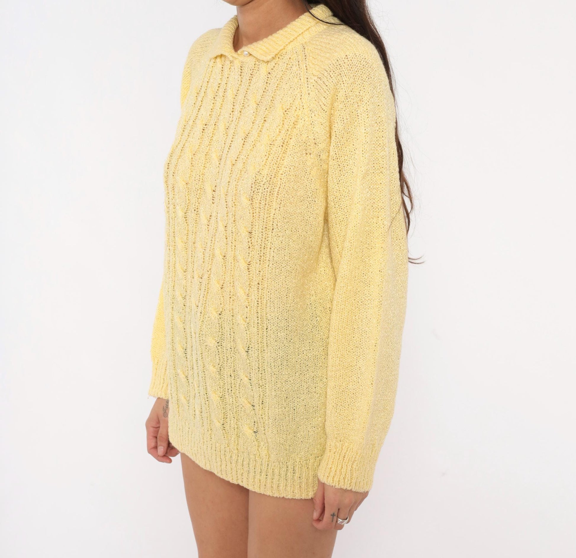 80s Miranda Cable Knit Polo Sweater Yellow Collared Pearl Button Large L