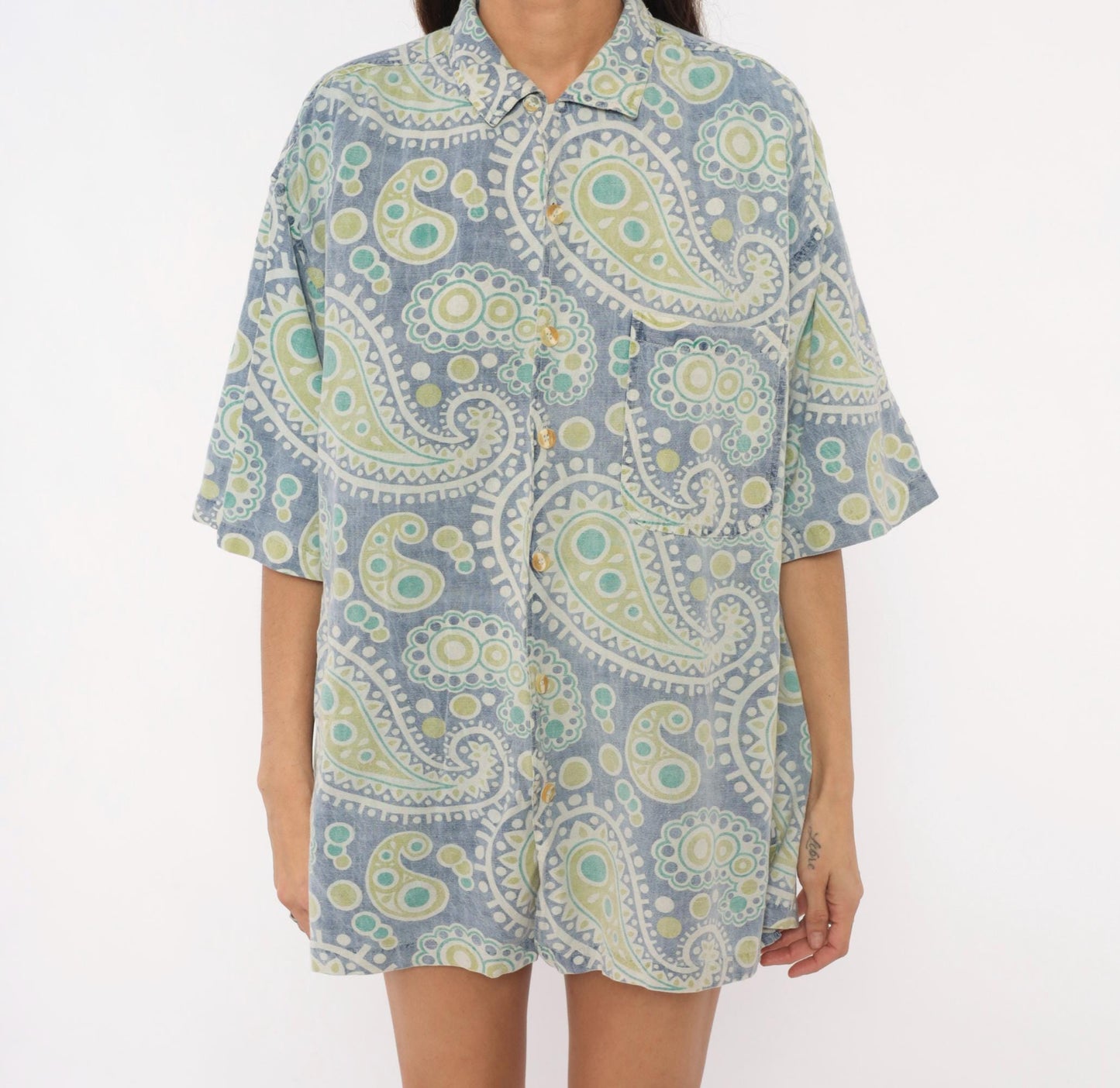 90s Robert Stock Island Style Paisley Camp Shirt Blue Green Mens Large L