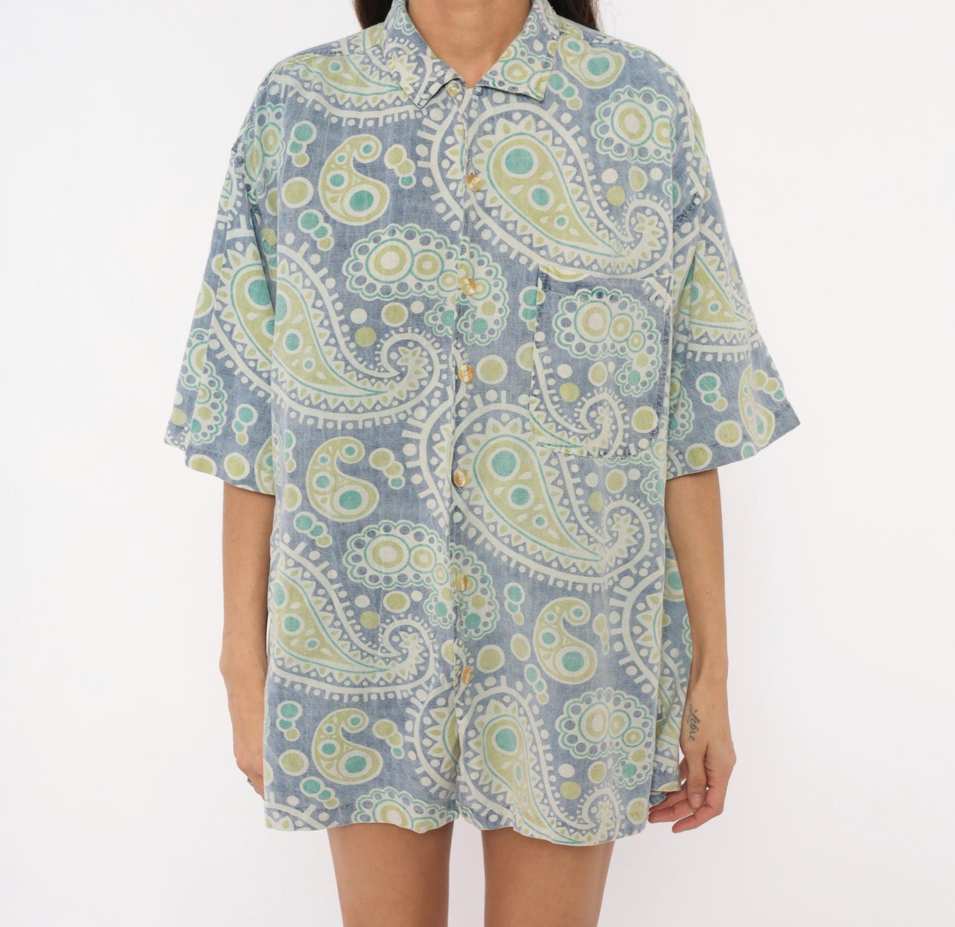 90s Robert Stock Island Style Paisley Camp Shirt Blue Green Mens Large L