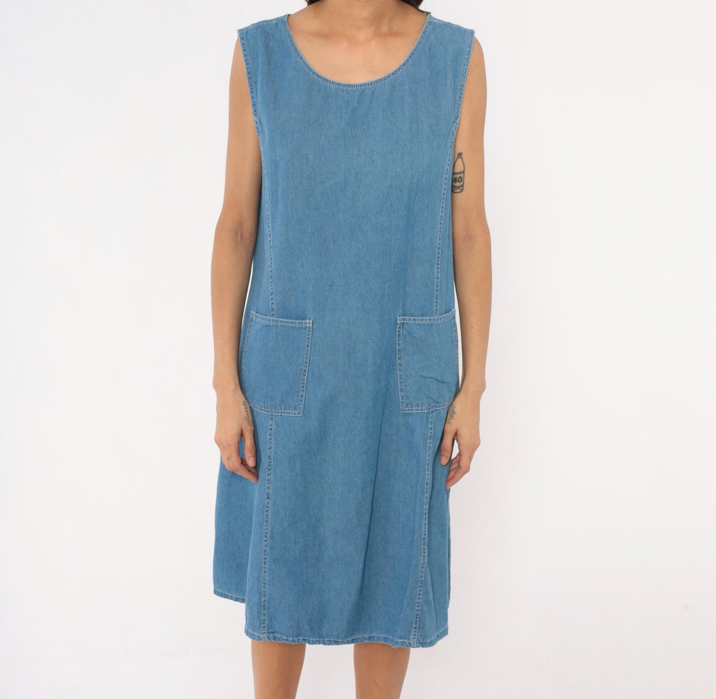 90s Denim Jazz Jumper Dress Sleeveless Scoop Neck Blue Shift Large L