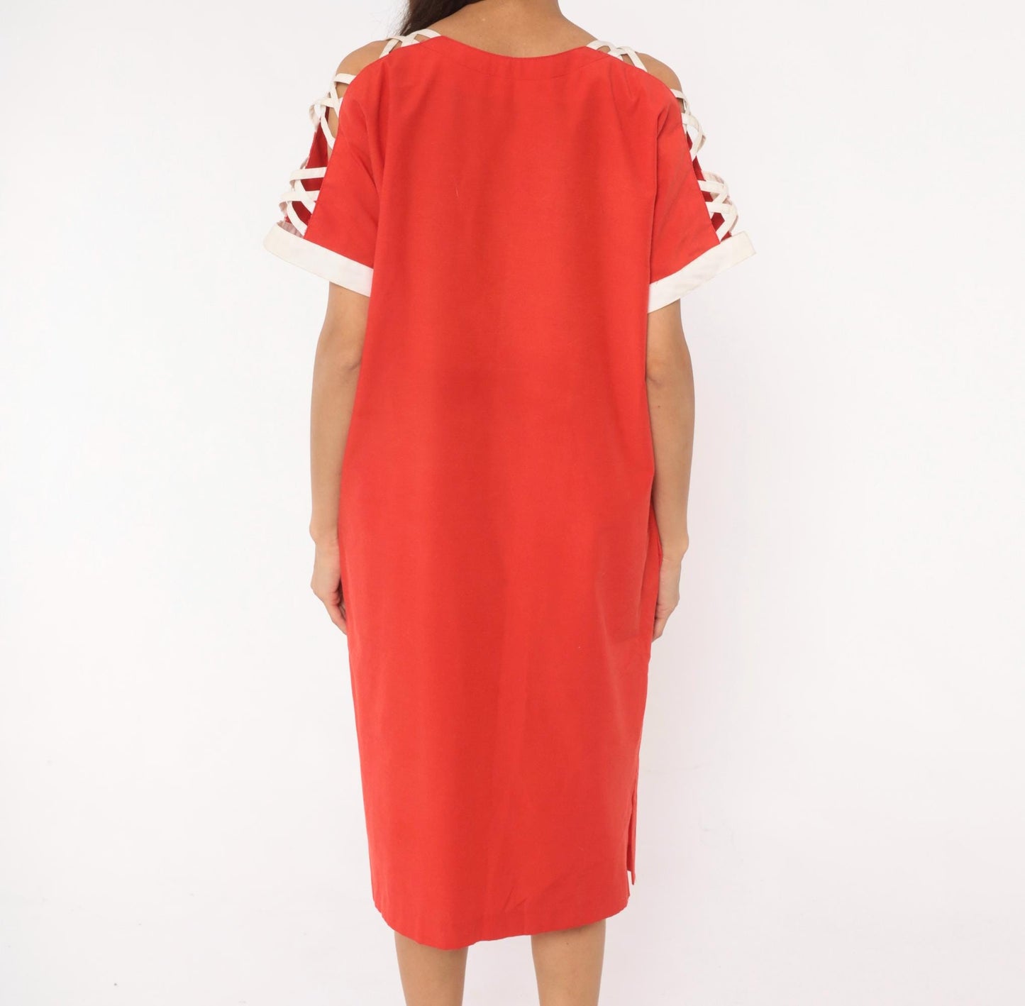 80s Act I Red Cotton Dress V-Neck Criss-Cross Cold Shoulder Large L
