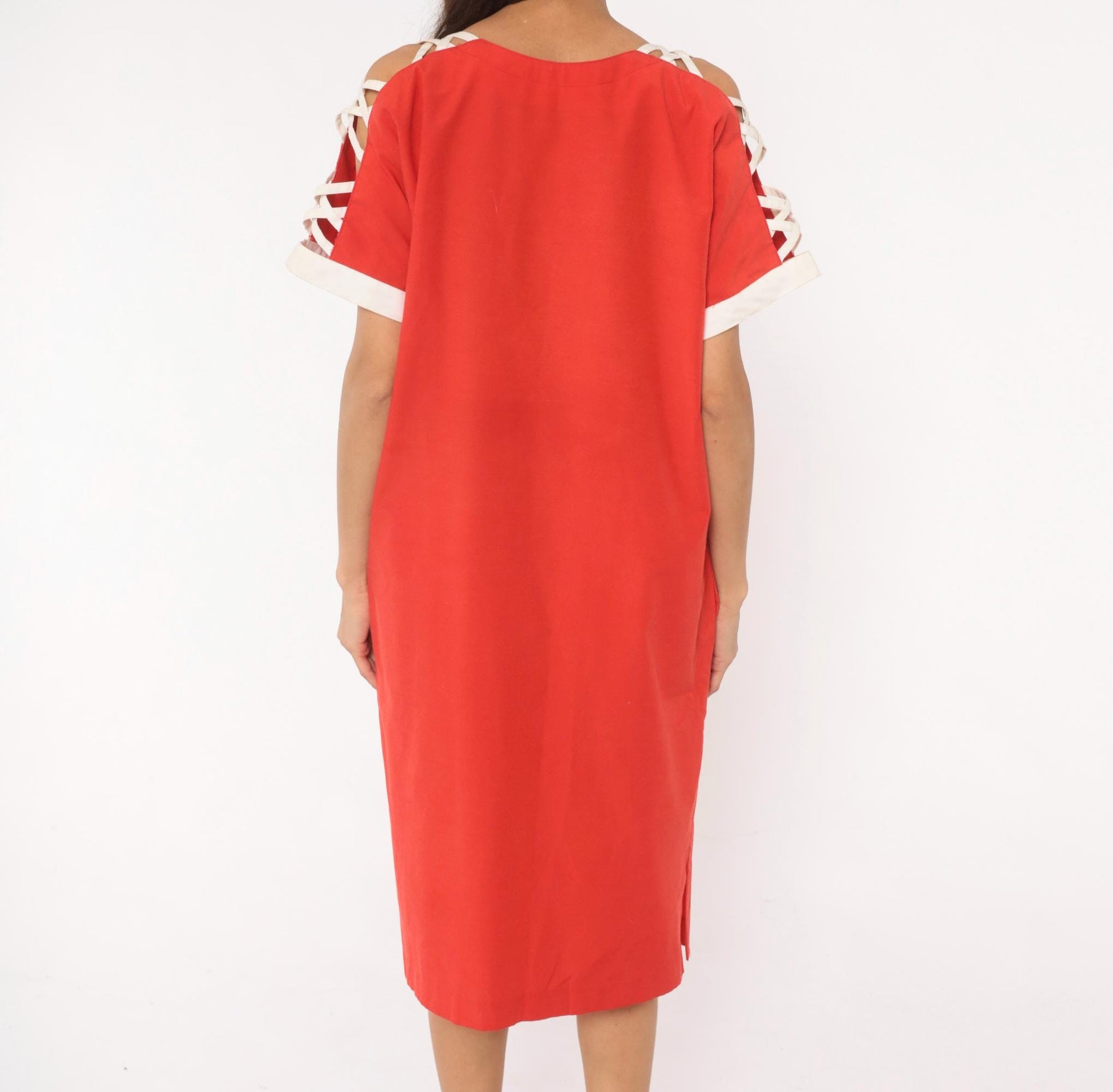 80s Act I Red Cotton Dress V-Neck Criss-Cross Cold Shoulder Large L