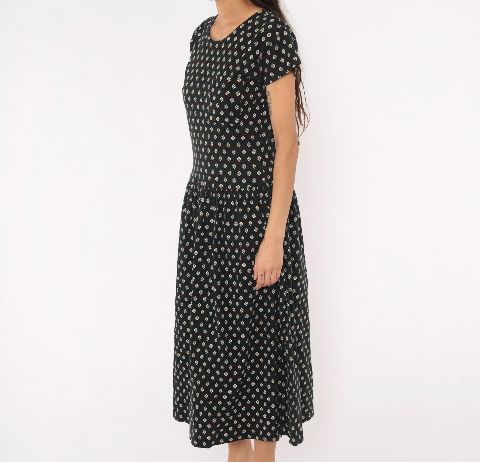 90s LizSport Foulard Print Midi Dress Black Cotton Short Sleeve Medium M