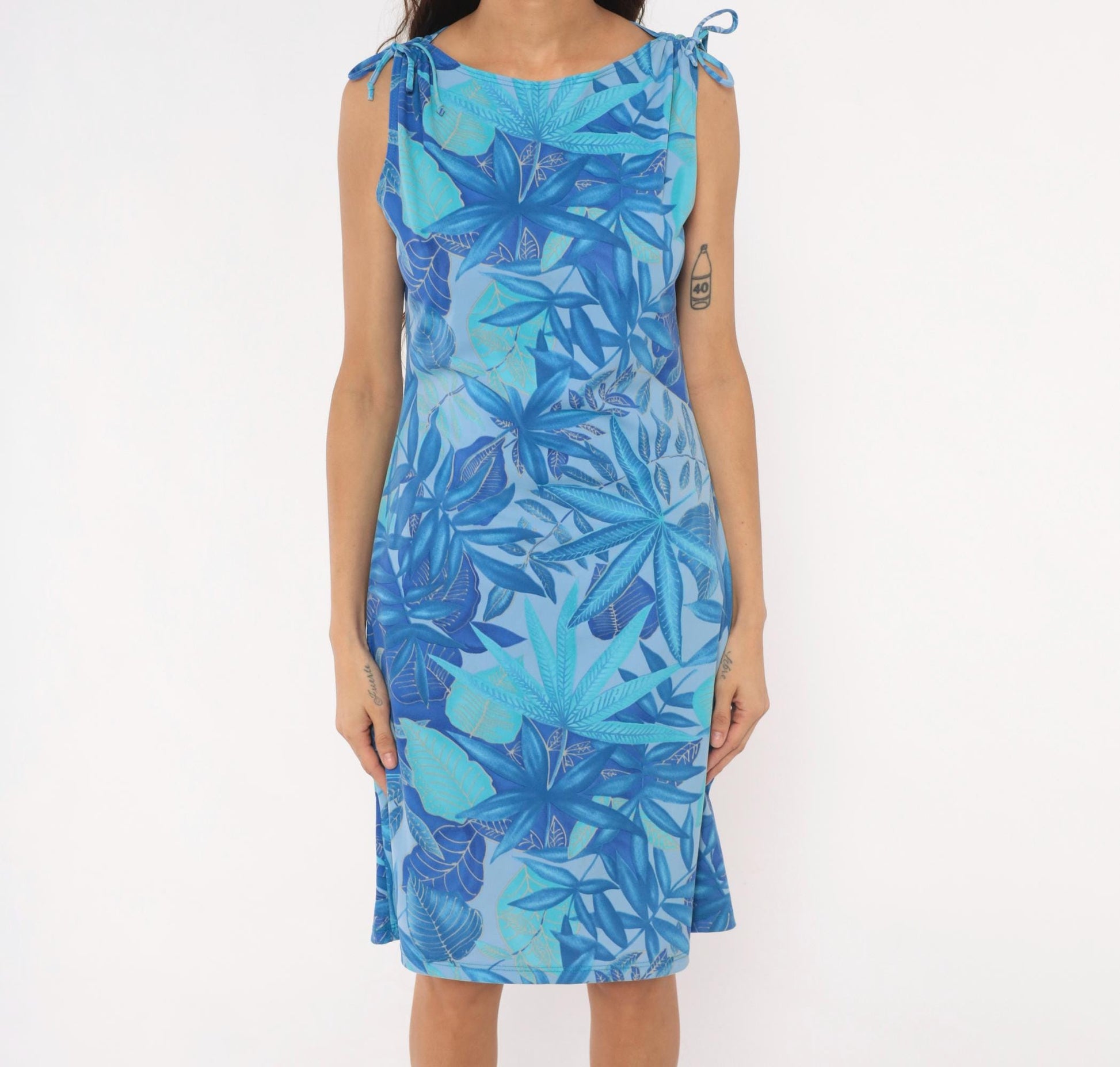Y2K Rave City Blue Tropical Leaf Mini Dress Sleeveless Tie Shoulder Large L
