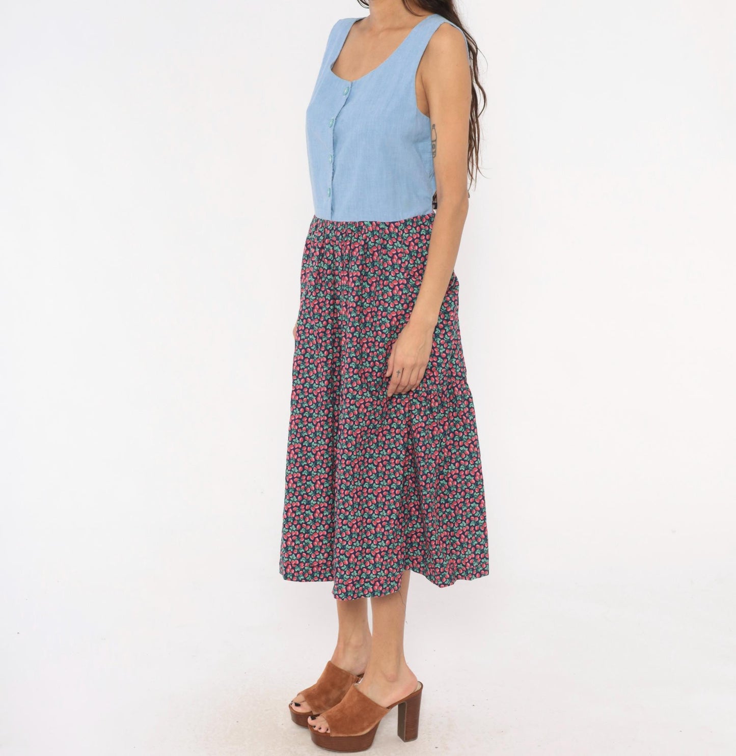 90s Raspberry Chambray Midi Dress Button Front Pockets Cotton Large L