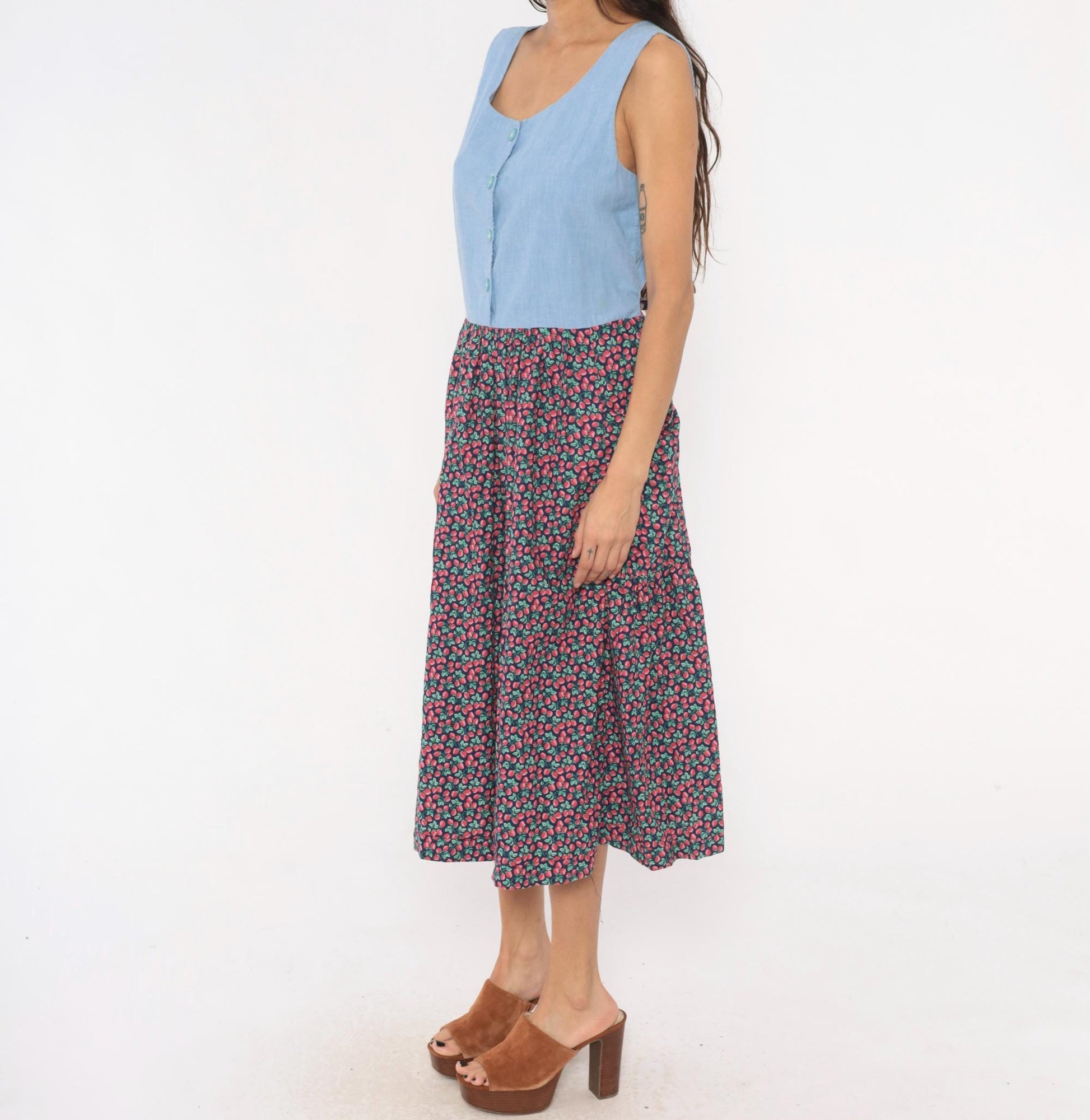 90s Raspberry Chambray Midi Dress Button Front Pockets Cotton Large L