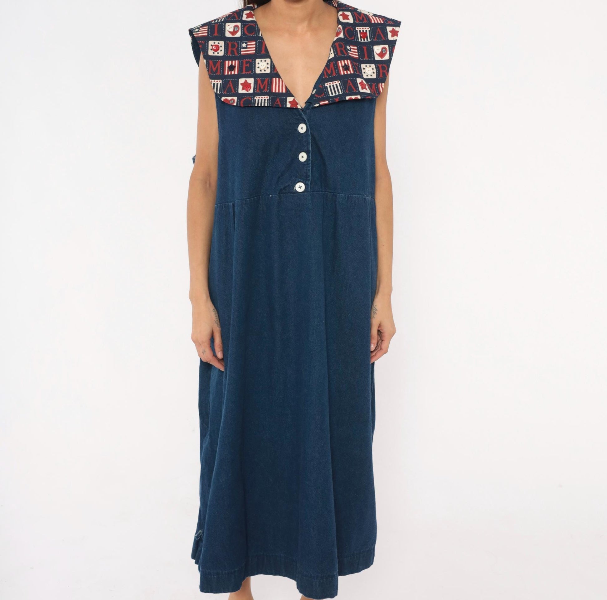 90s Americana Patchwork Denim Maxi Dress Navy Sailor Collar Plus Size XXL