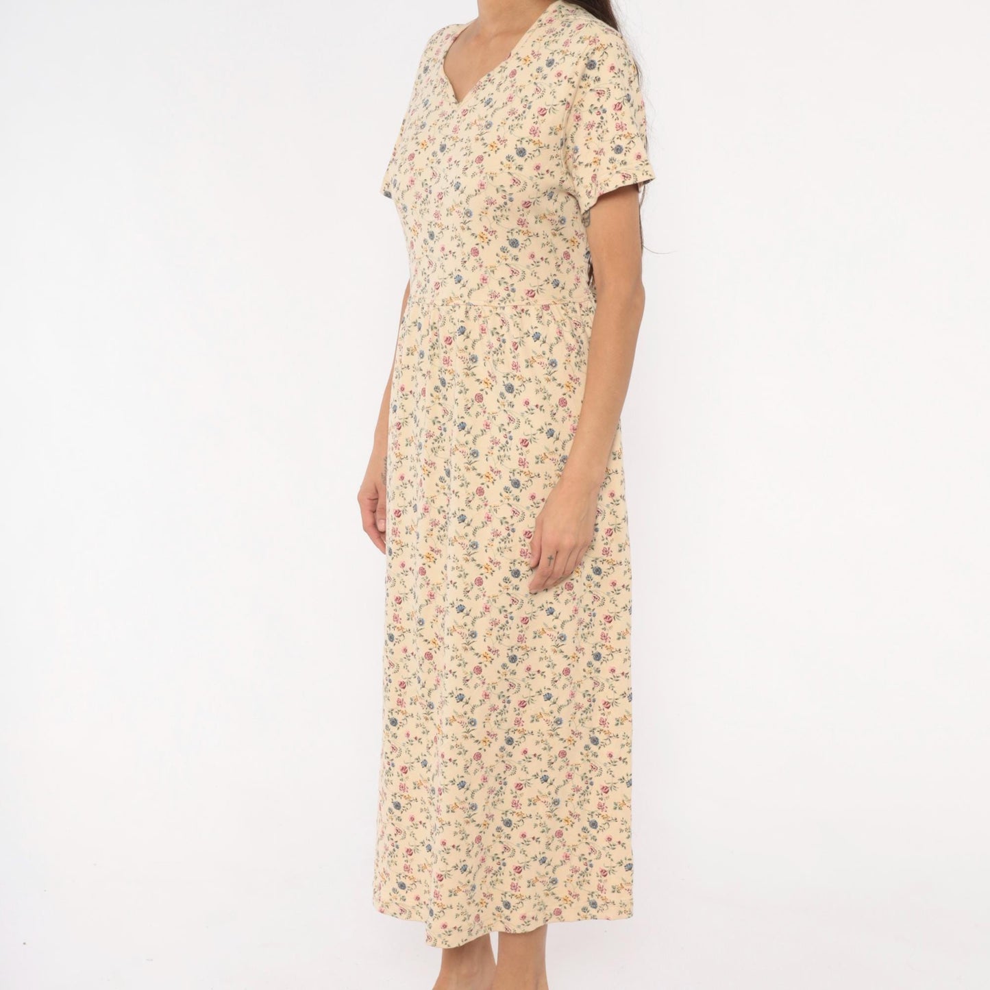 90s Blair Ditsy Floral Maxi Dress Cream Cotton Prairie V-Neck Medium Petite