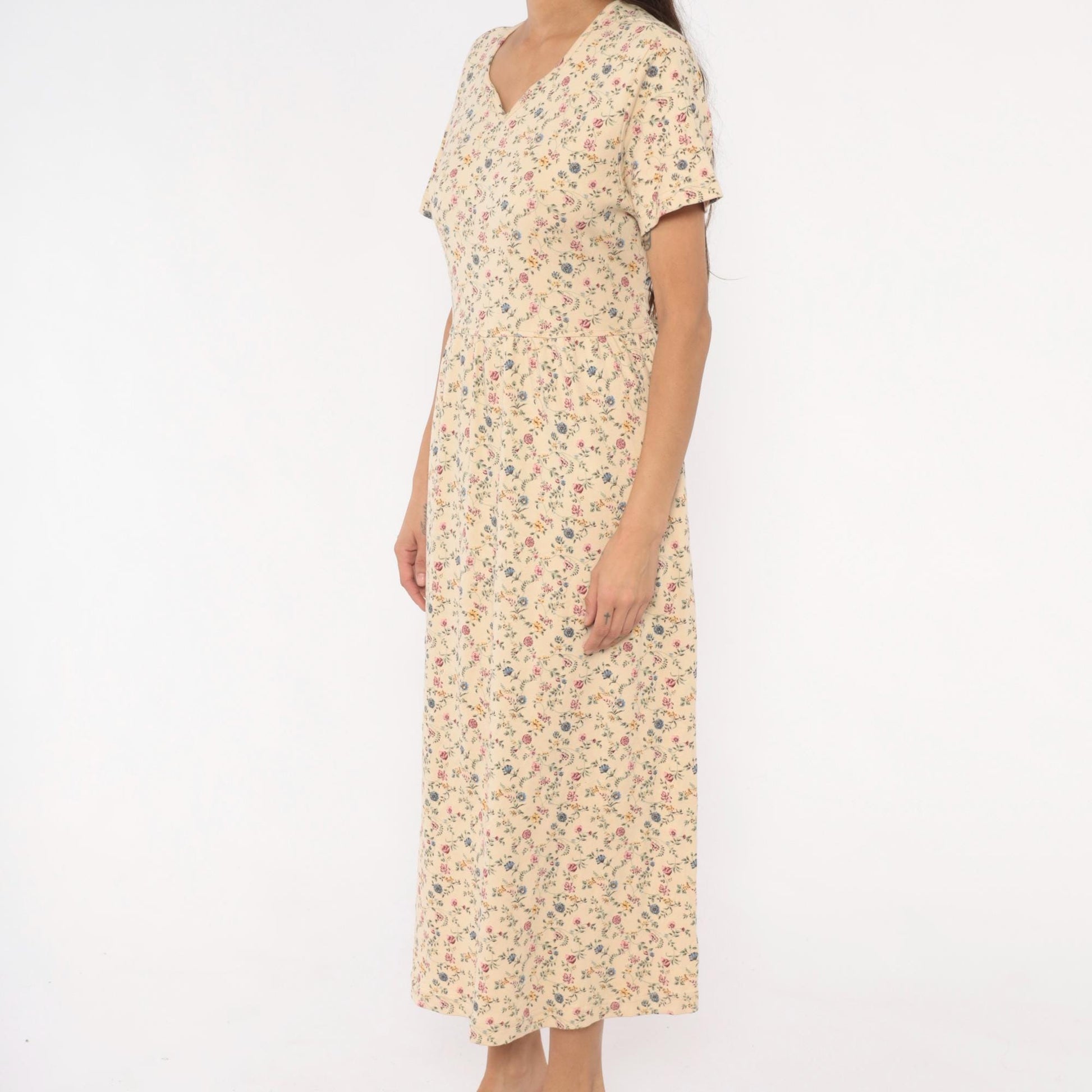 90s Blair Ditsy Floral Maxi Dress Cream Cotton Prairie V-Neck Medium Petite
