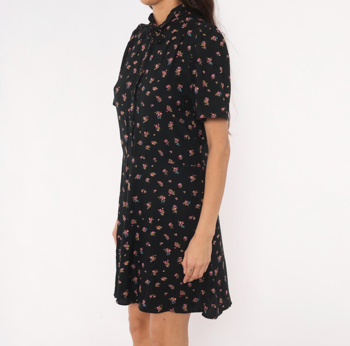 80s Belle France Ditsy Floral Babydoll Mini Dress Black Puff Sleeve Medium