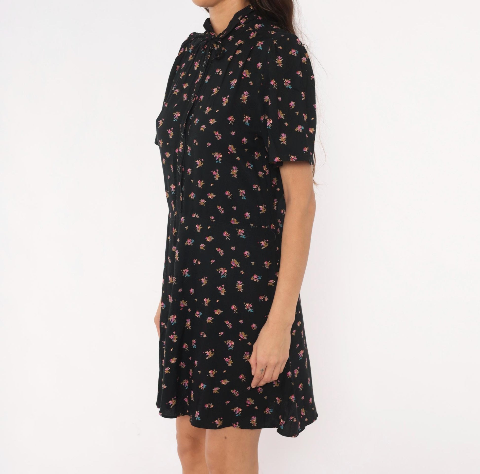 80s Belle France Ditsy Floral Babydoll Mini Dress Black Puff Sleeve Medium
