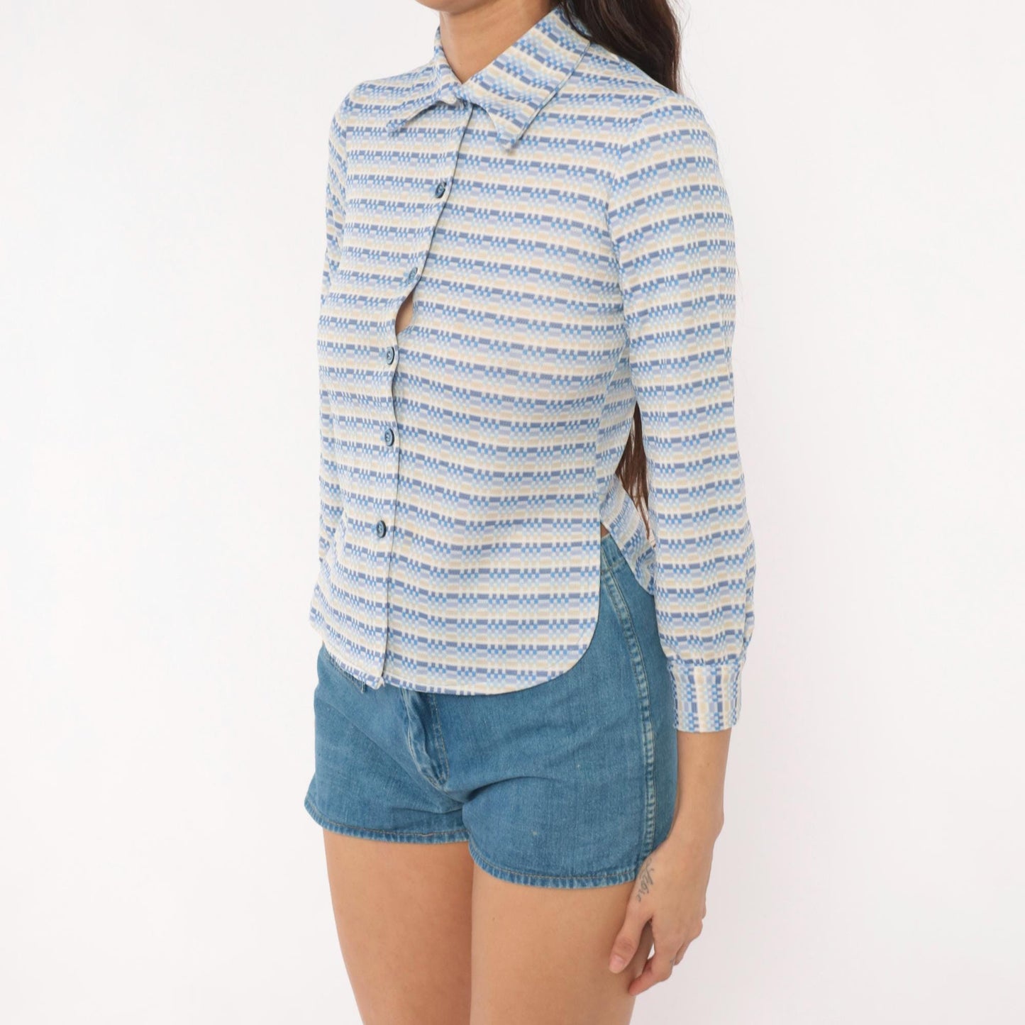 70s Geometric Stripe Button Blouse Blue Tan Pointed Collar Three Quarter Sleeve Extra Small