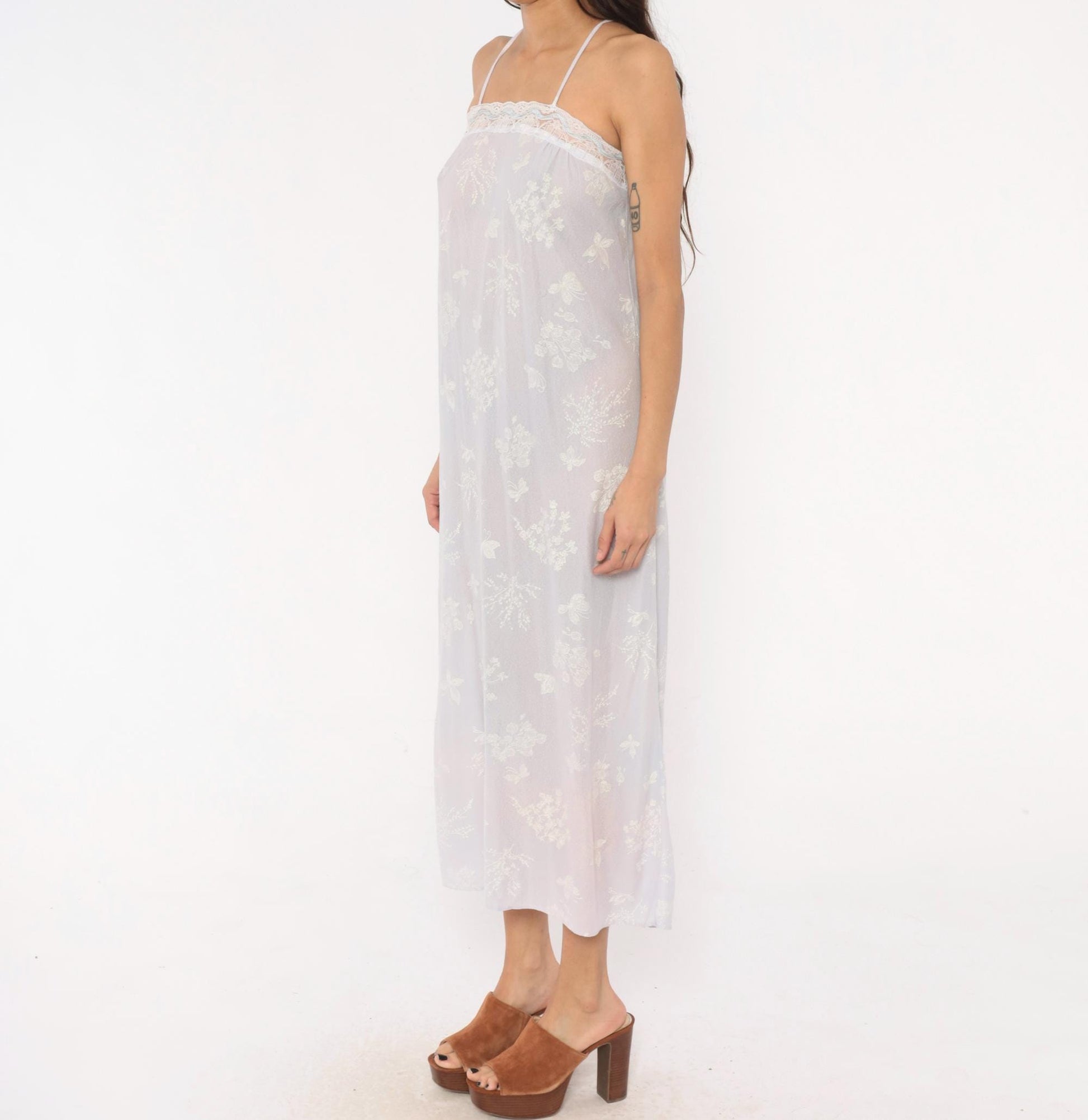 80s Lavender Floral Butterfly Maxi Nightgown Spaghetti Strap Lace Trim Small