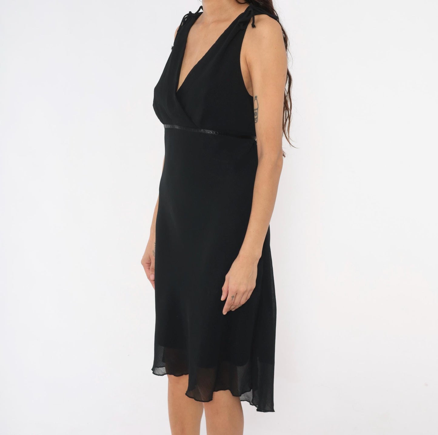 90s Michael Taylor Black Chiffon Wrap Dress Tie Shoulder V Neck Large L