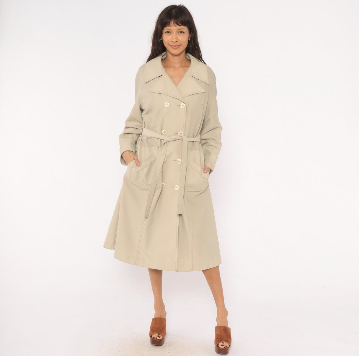 80s Double Breasted Trench Coat Beige Mid-Calf Belted Jacket Medium