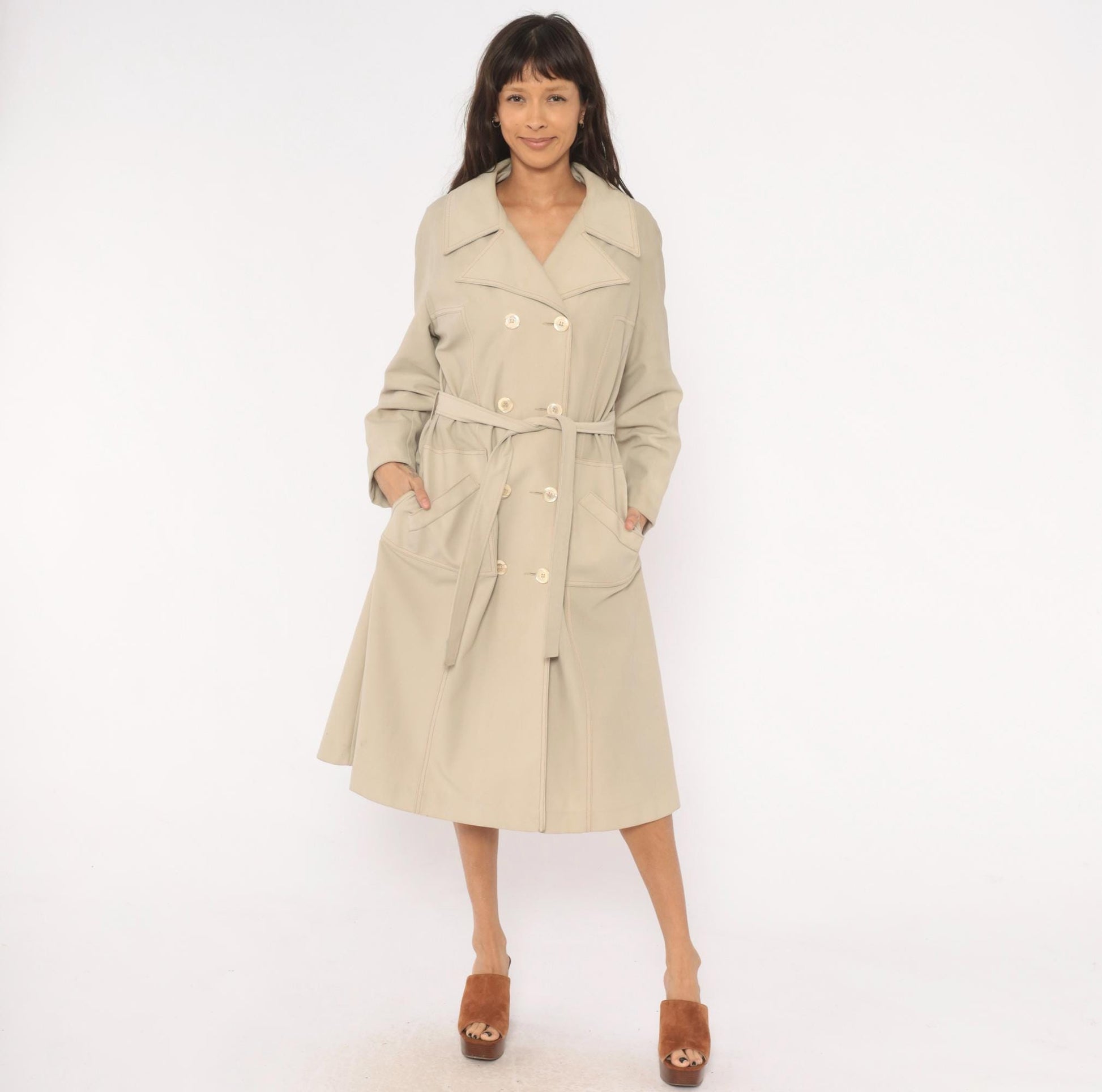 80s Double Breasted Trench Coat Beige Mid-Calf Belted Jacket Medium