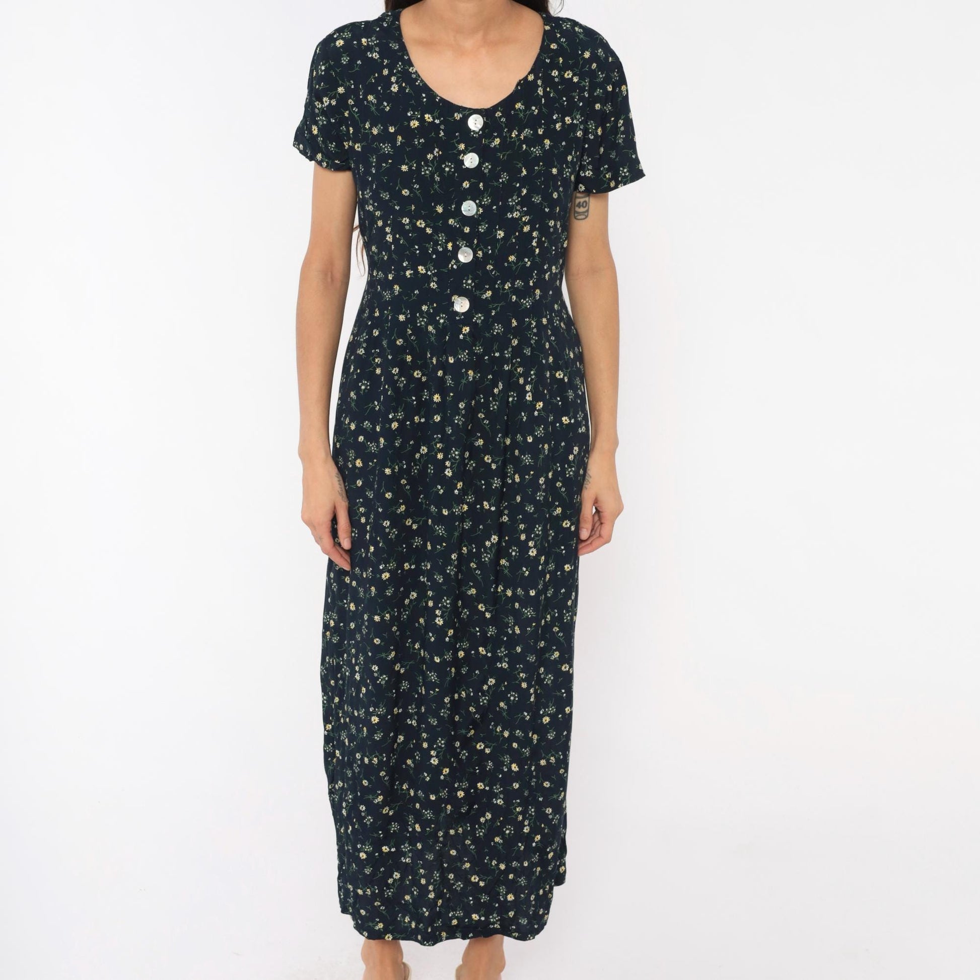 90s Liz Baker Essentials Navy Floral Maxi Dress Yellow Daisy Button Front Medium