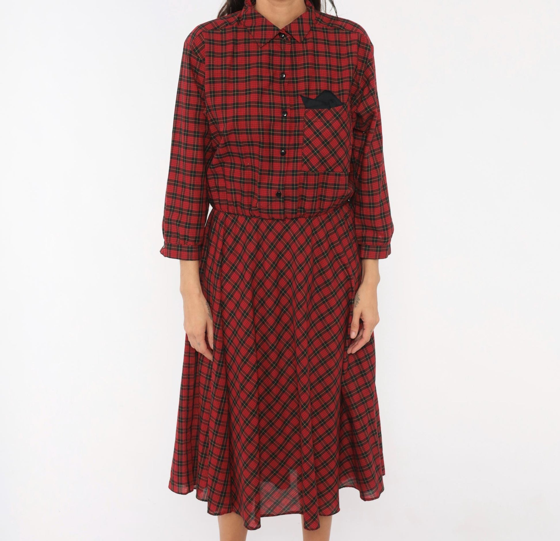 80s Alison Peters Plaid Shirtdress Red Black Tartan Midi Pleated Cotton Medium Large