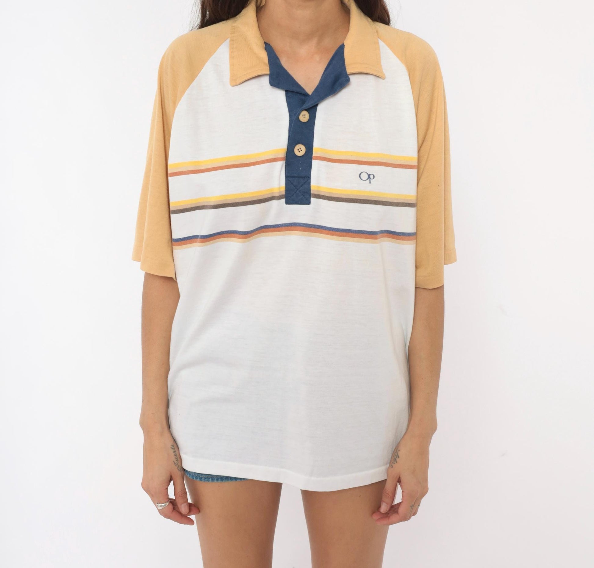 80s Ocean Pacific Polo Striped Raglan White Navy Cotton Shirt Extra Large XL