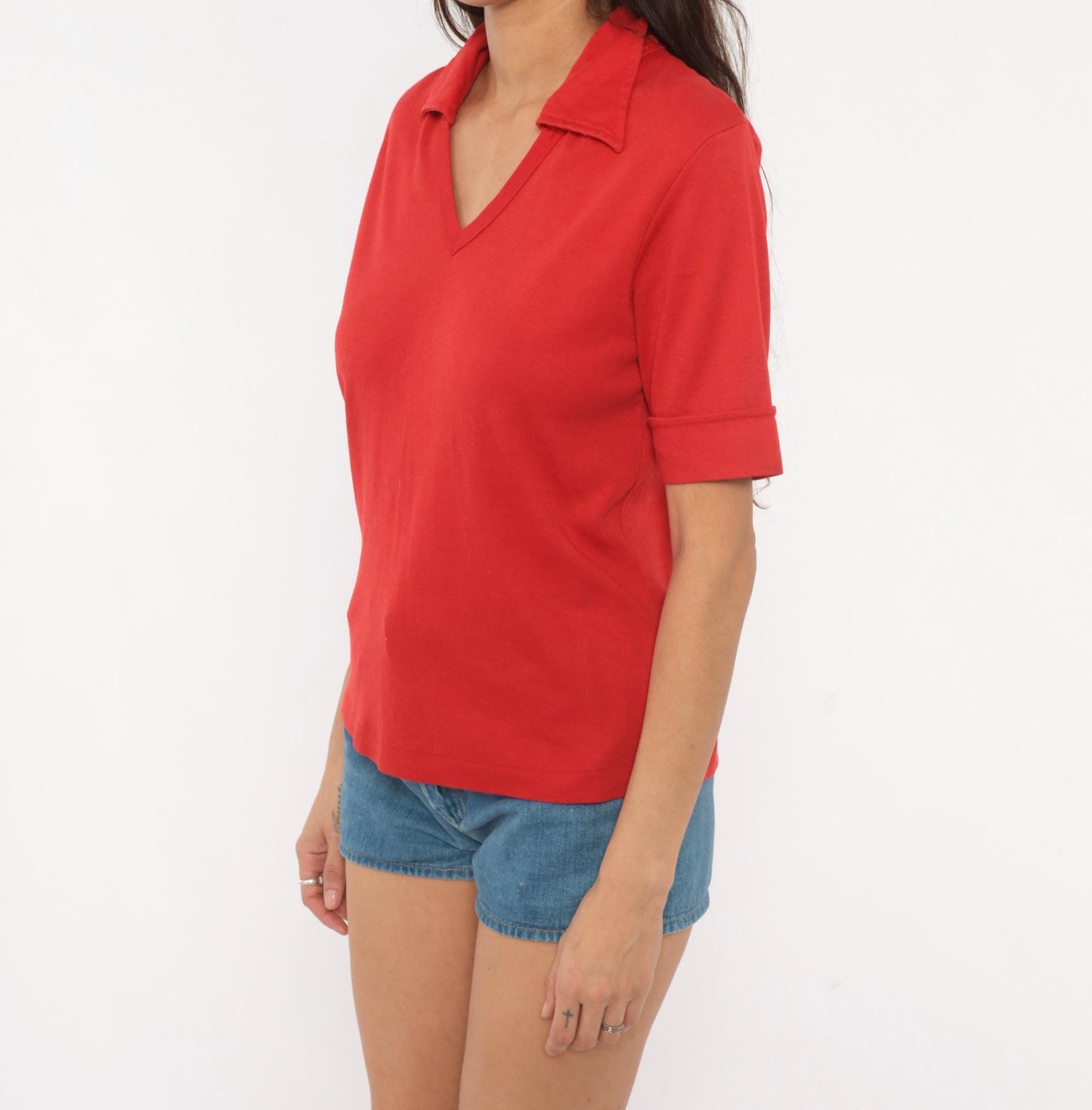 70s Red Polo Shirt V-Neck Spread Collar Short Sleeve Pullover Large L