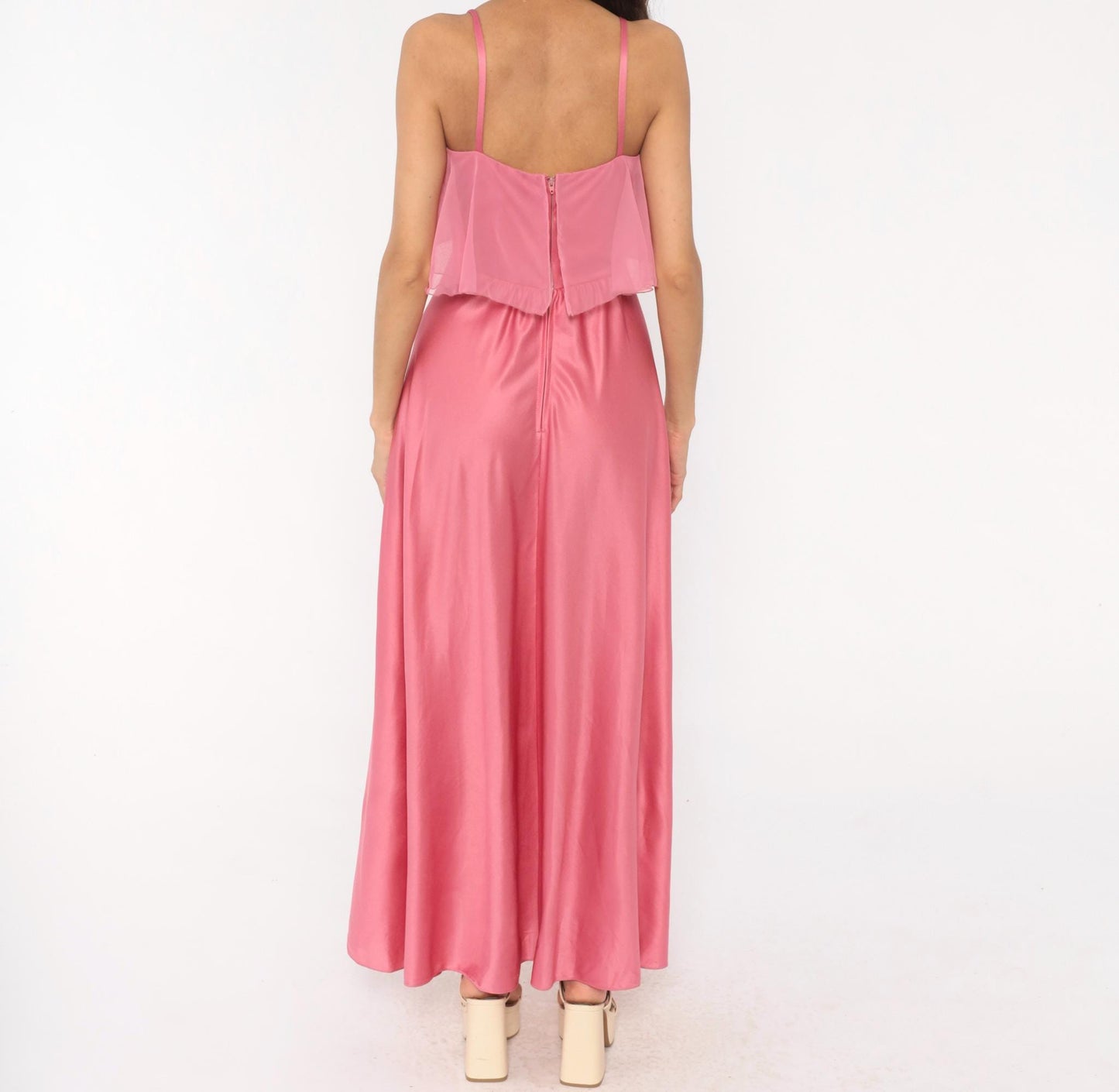 70s Pink Satin Maxi Dress Chiffon Overlay Spaghetti Strap Floor Length Small