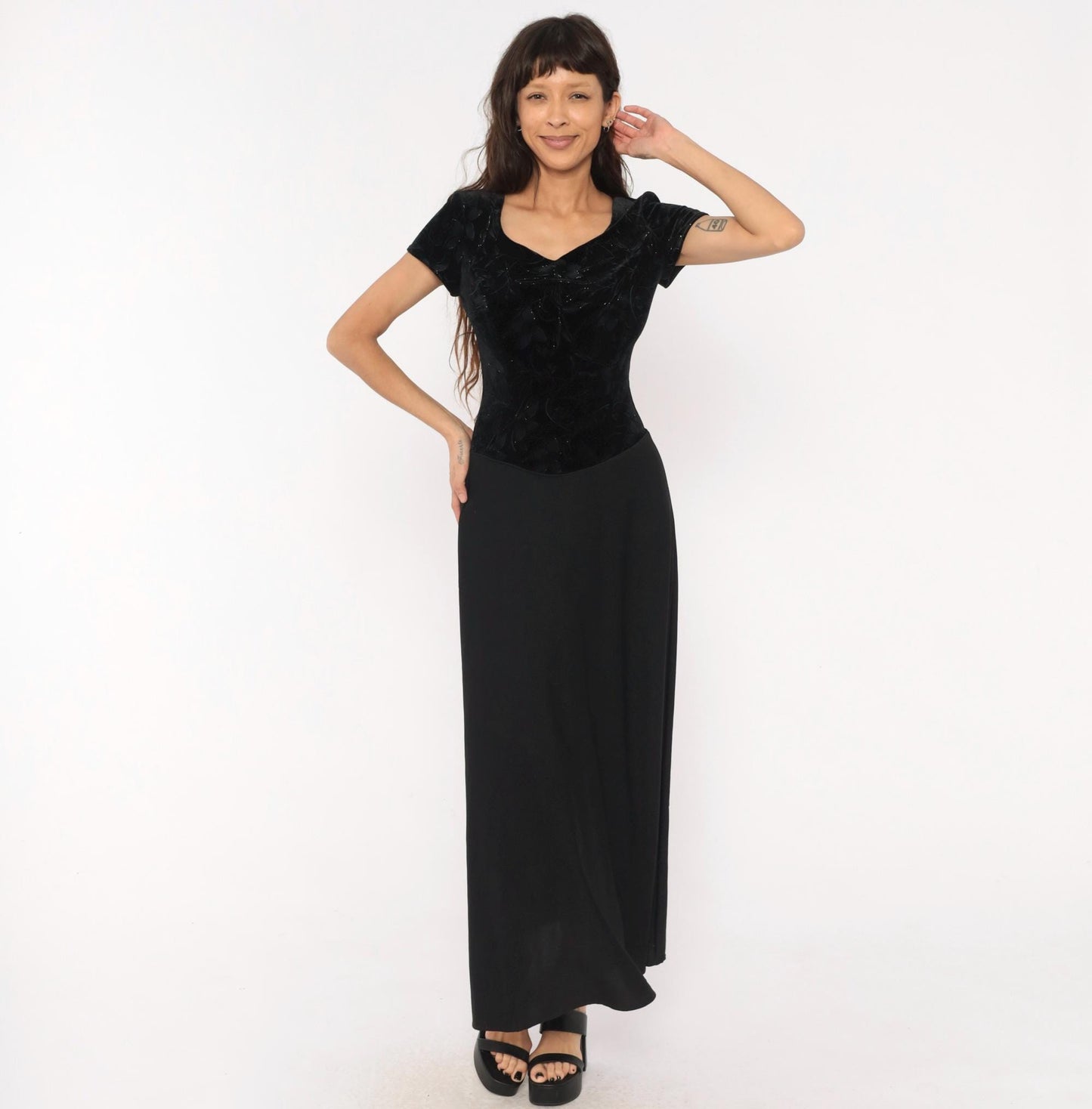 90s Southeastern Velvet Burnout Maxi Dress Black Floral V-Neck Extra Small