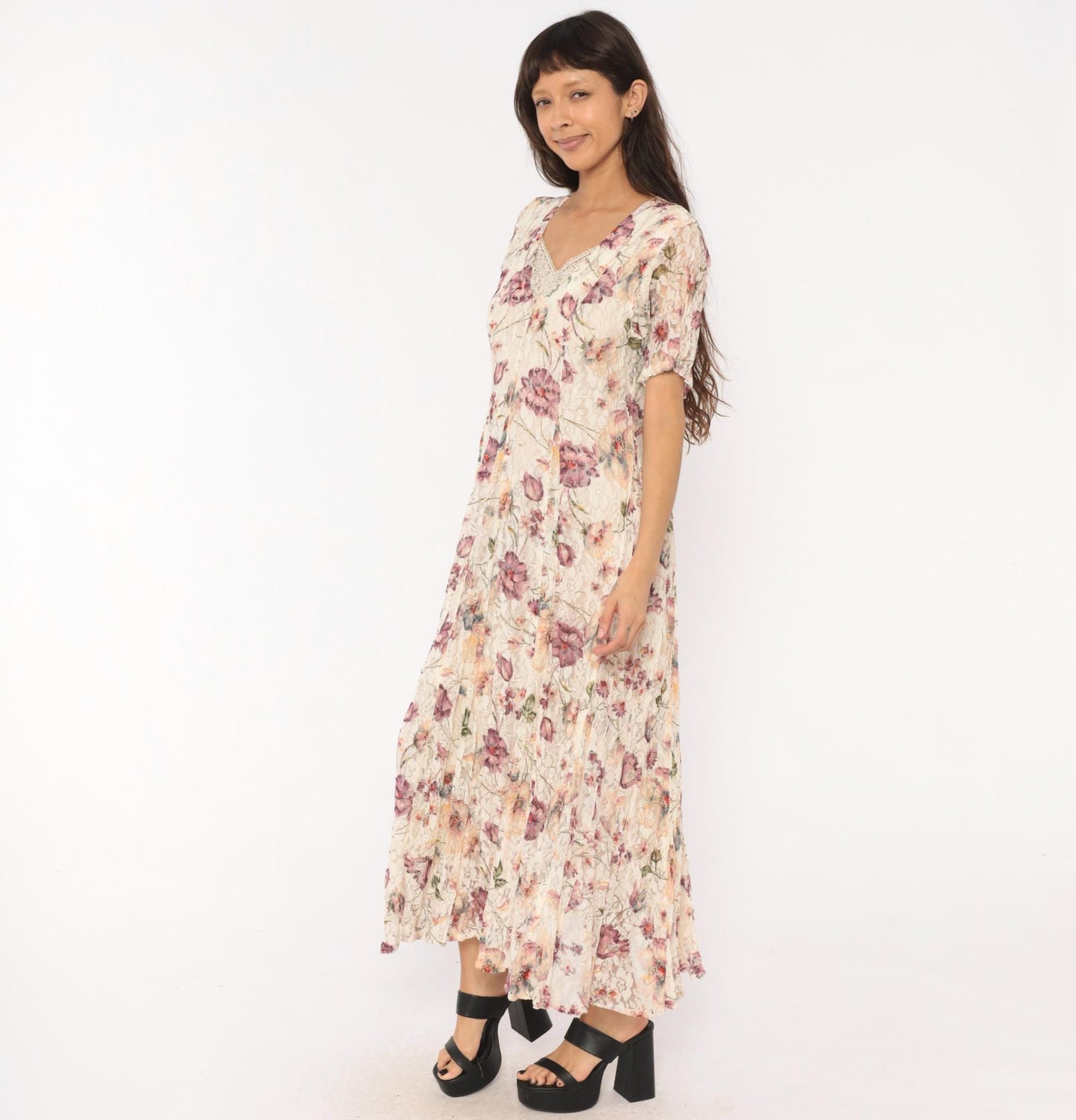 90s Floral Lace Maxi Dress Cream Purple Button Front V Neck Crochet Trim Small