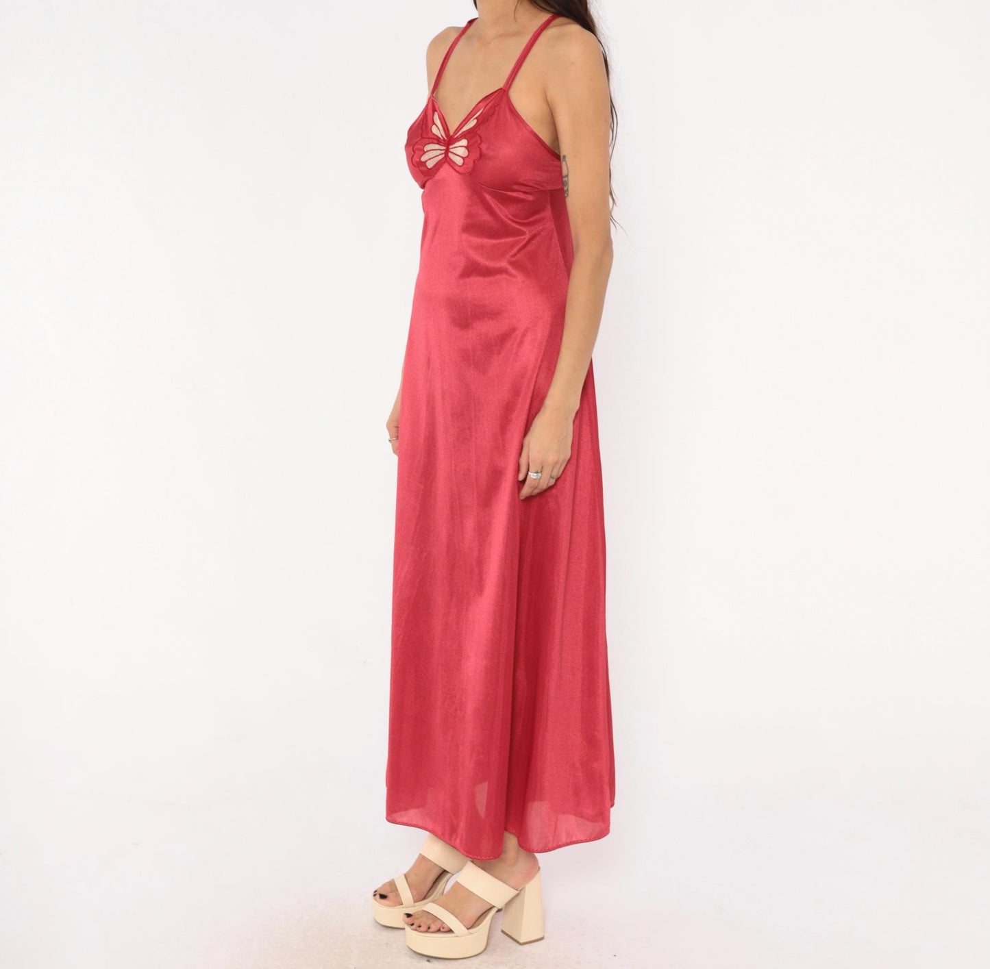 70s Berry Red Butterfly Cutout Nylon Nightgown Maxi Spaghetti Strap Small