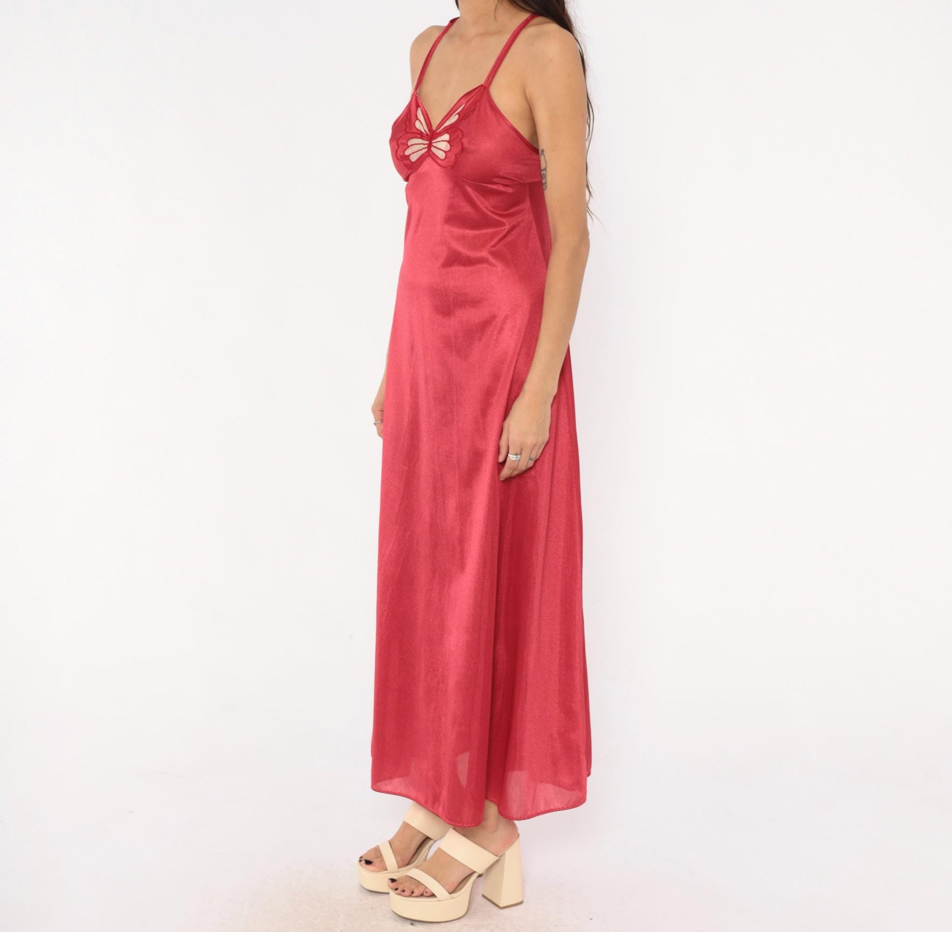 70s Berry Red Butterfly Cutout Nylon Nightgown Maxi Spaghetti Strap Small