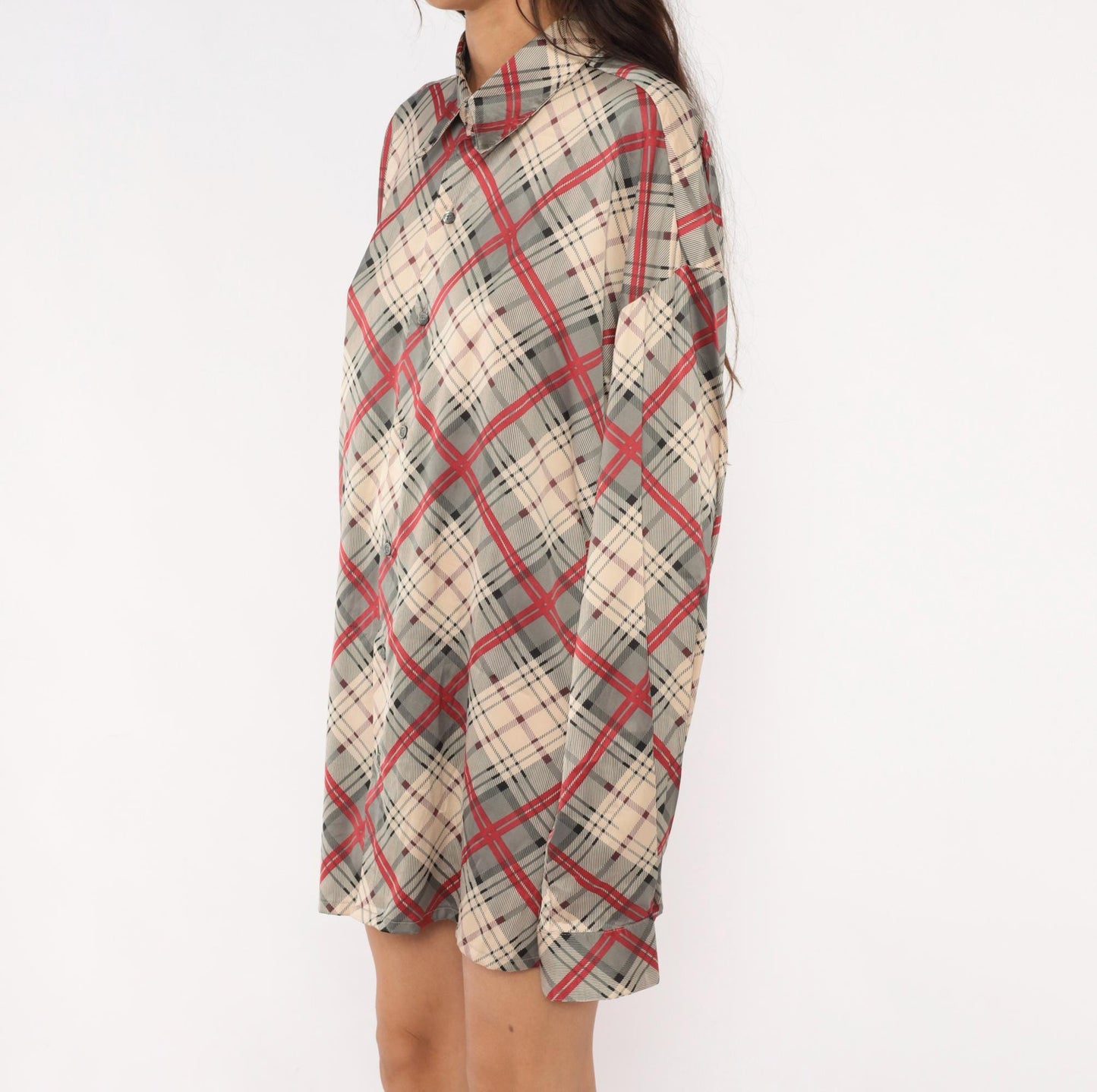 70s Monzini Plaid Button-Front Shirt Burgundy Pointed Collar Extra Large XL