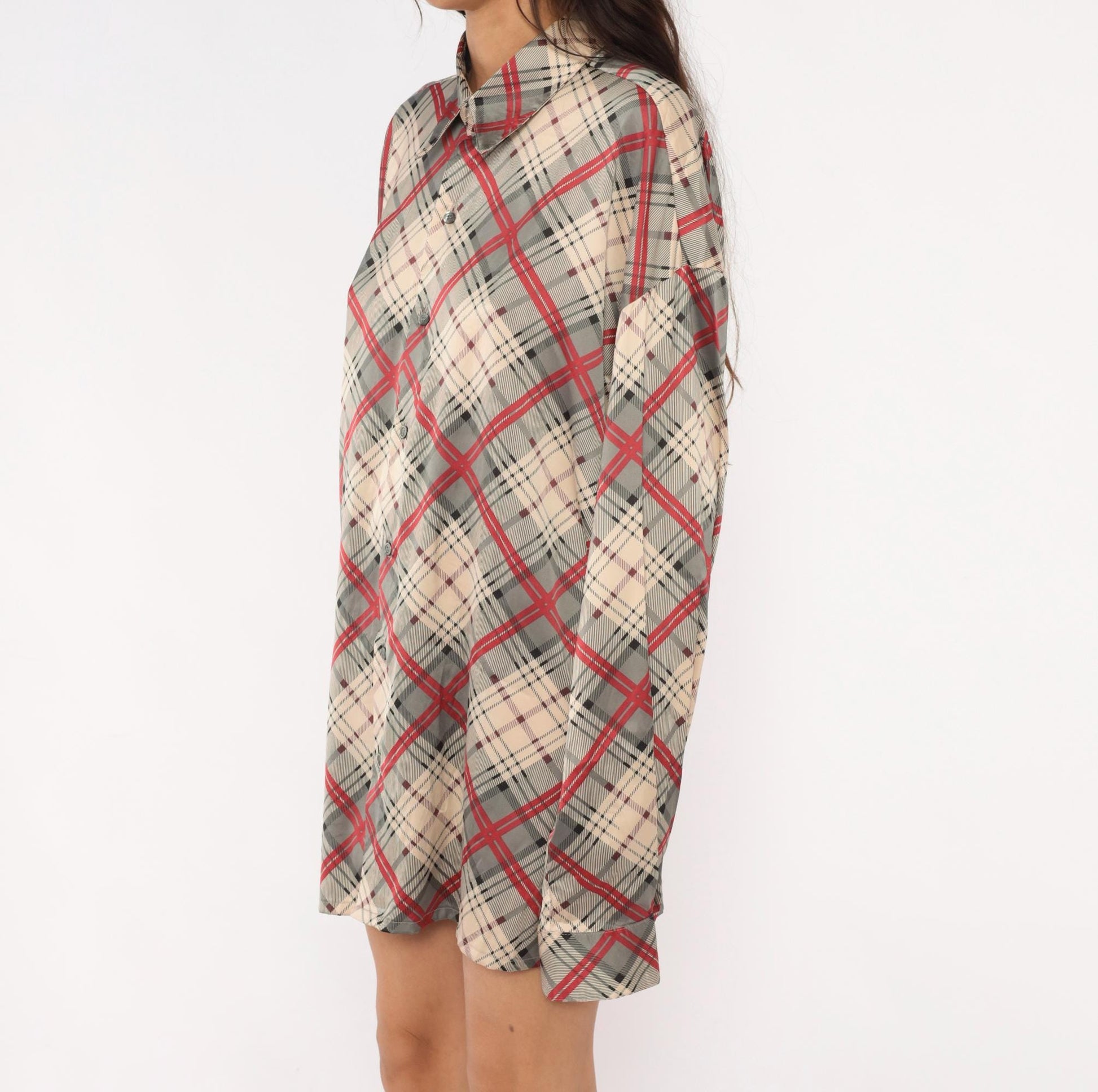 70s Monzini Plaid Button-Front Shirt Burgundy Pointed Collar Extra Large XL