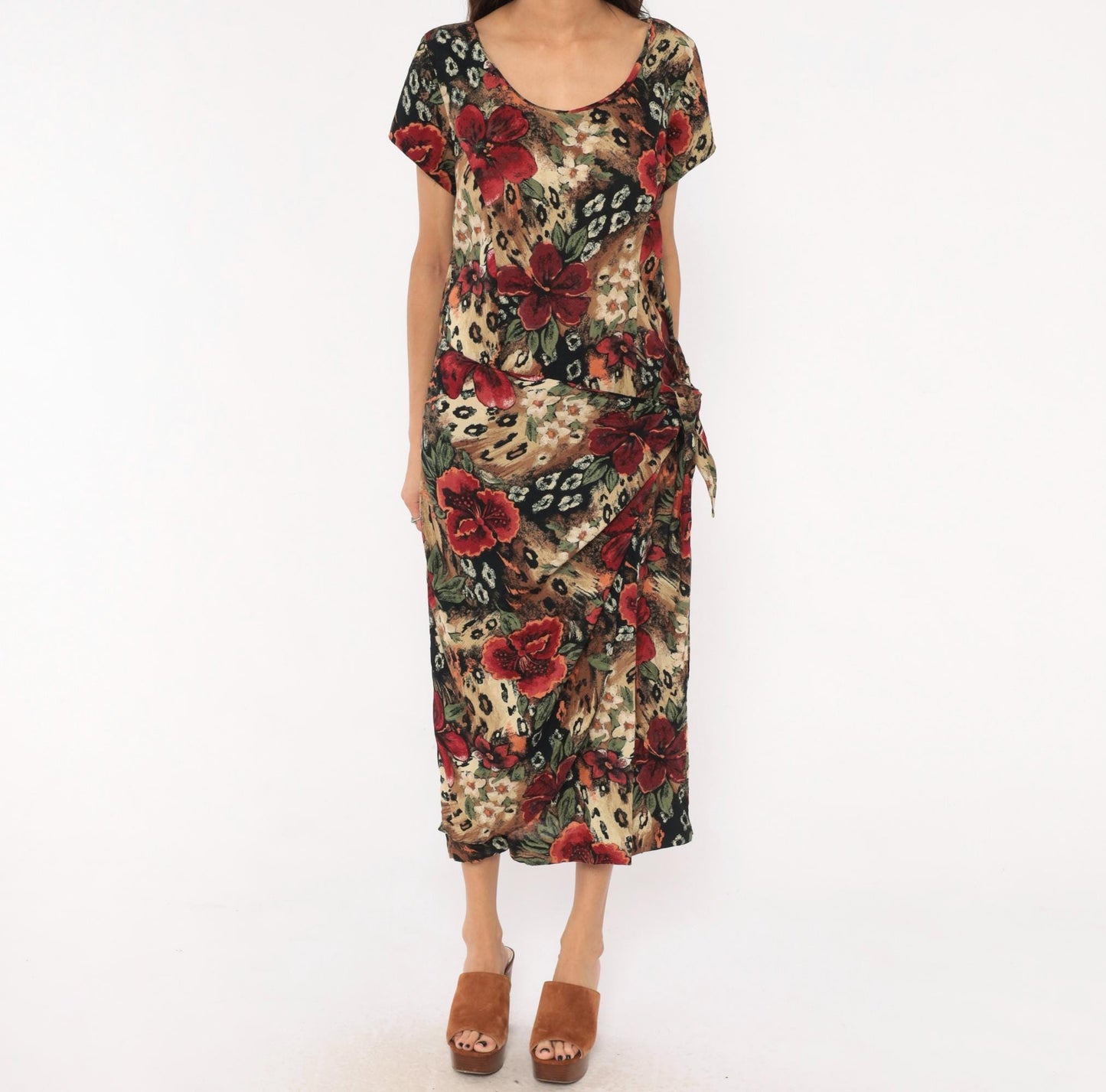 90s Lew Magram Floral Leopard Midi Dress Red Hibiscus Animal Print Large L