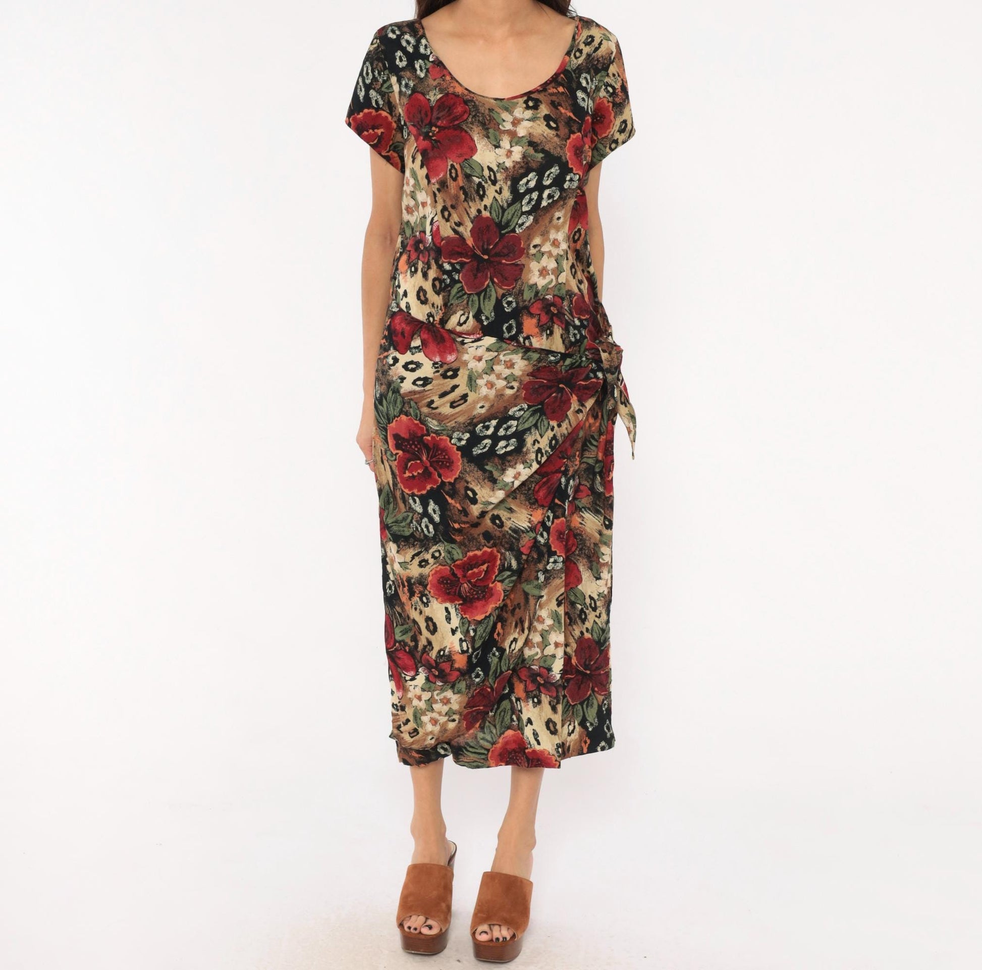 90s Lew Magram Floral Leopard Midi Dress Red Hibiscus Animal Print Large L