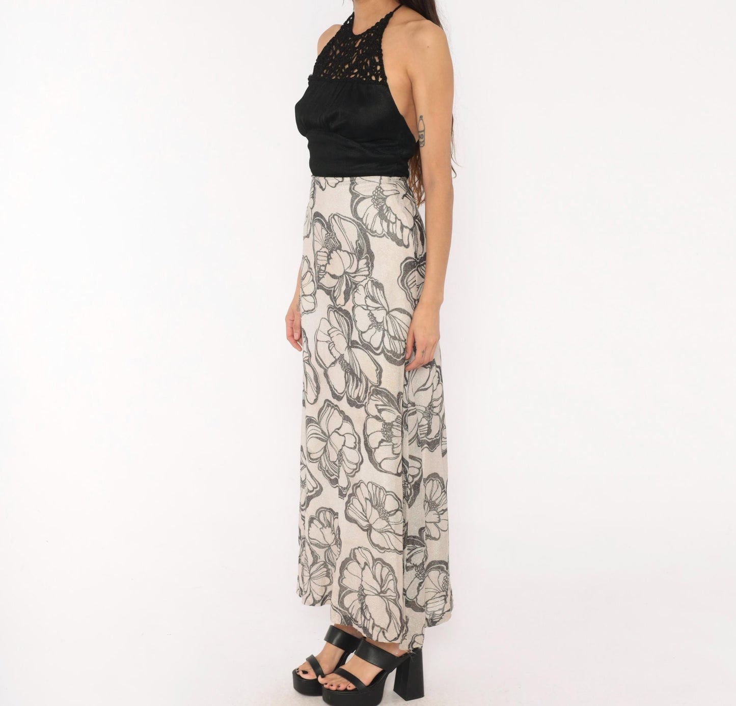 70s Mikey Jrs Crochet Halter Maxi Dress Black Grey Floral Metallic Open Back Extra Small XS
