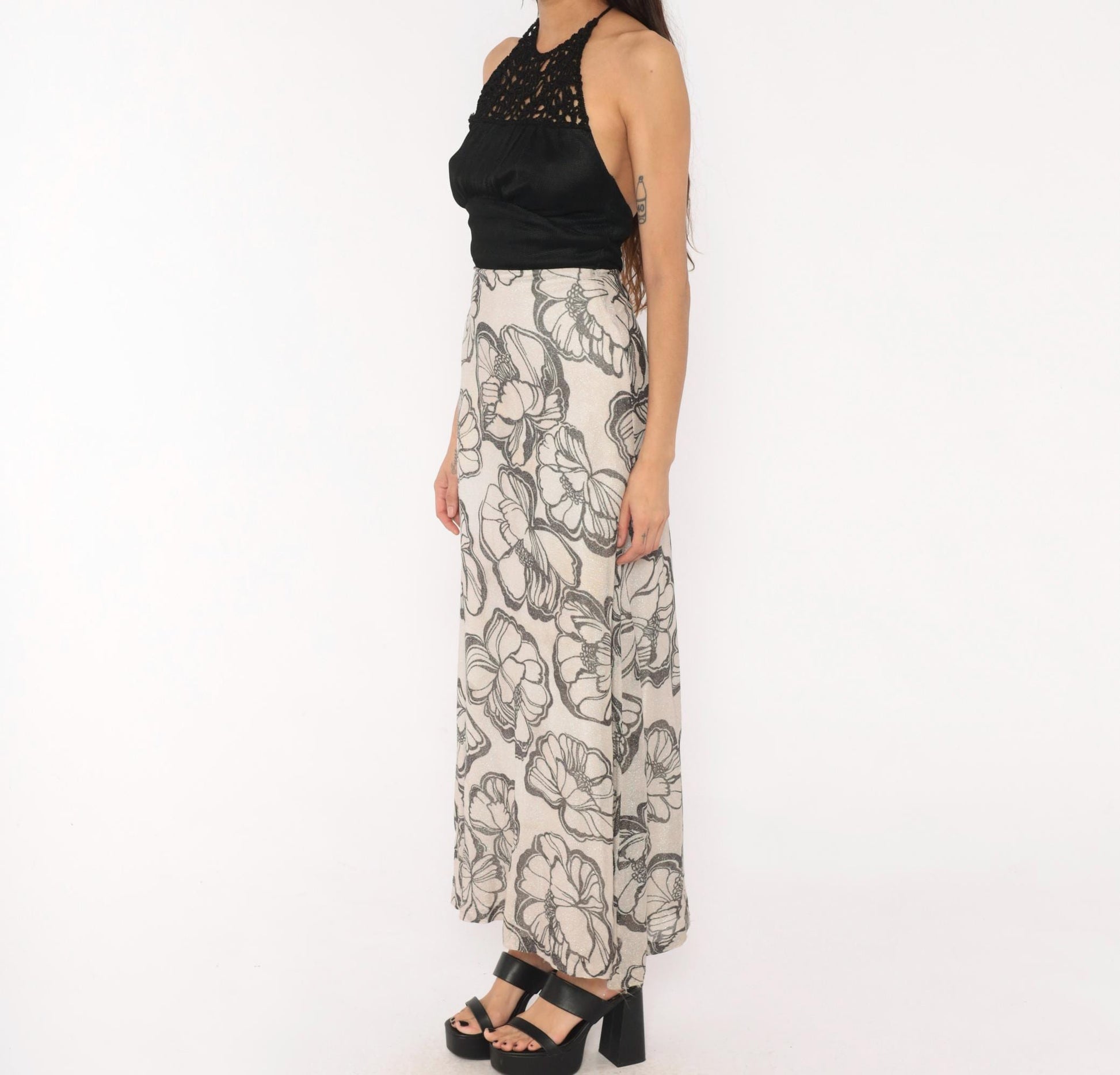 70s Mikey Jrs Crochet Halter Maxi Dress Black Grey Floral Metallic Open Back Extra Small XS