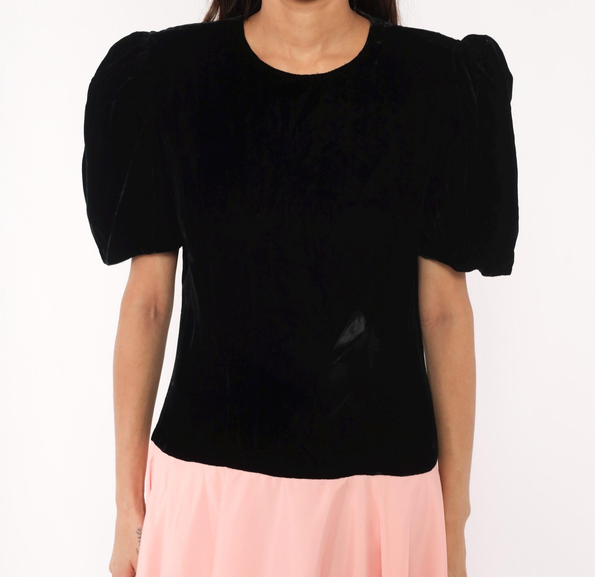 80s S.G. Gilbert Black Velvet Puff Sleeve Maxi Dress Pink Satin Bow Large