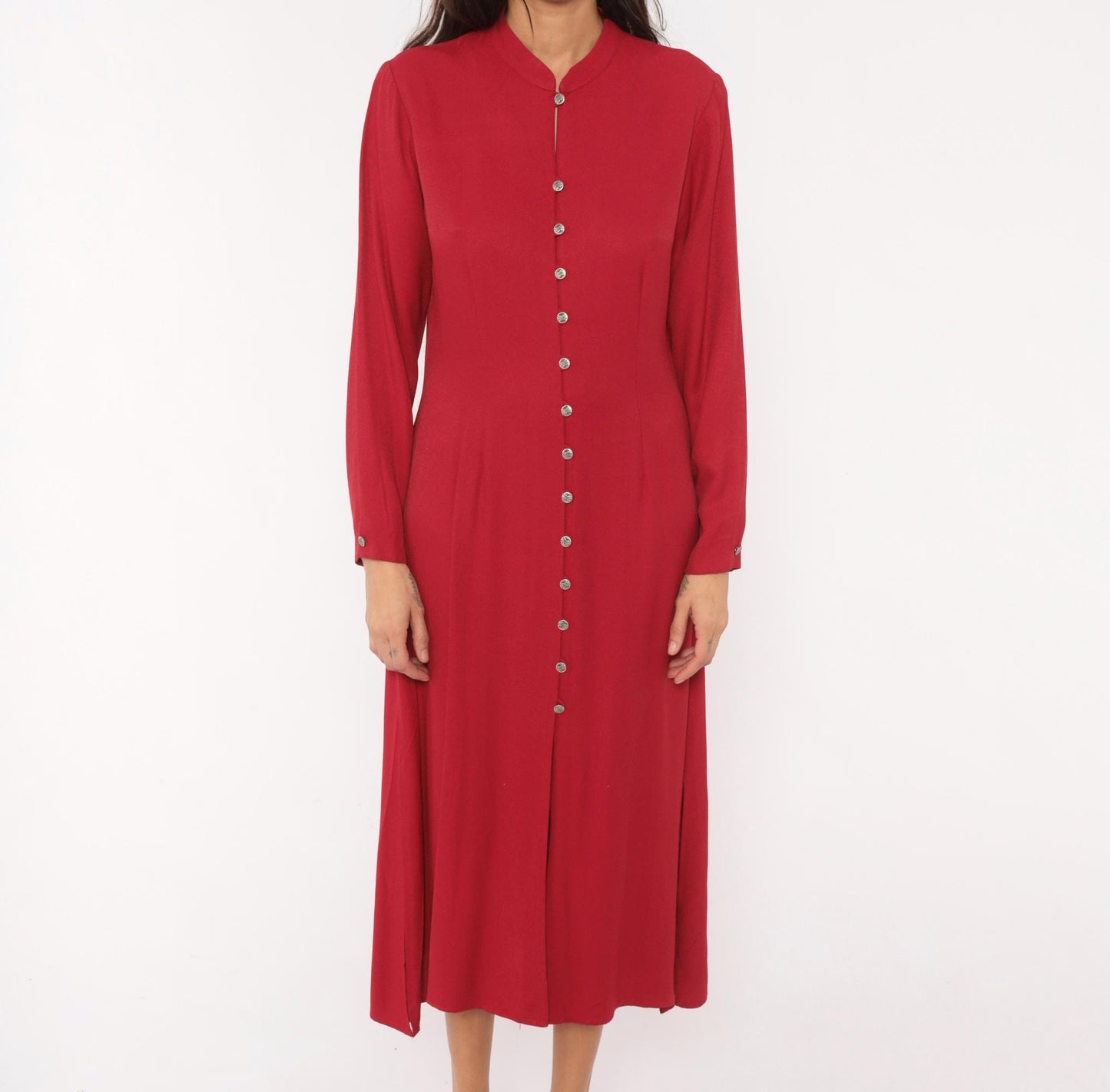 90s Coldwater Creek Cranberry Midi Dress Mandarin Collar Button Front Medium