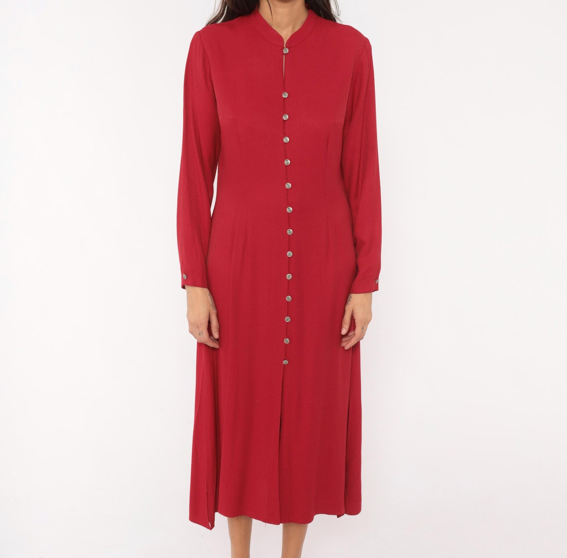 90s Coldwater Creek Cranberry Midi Dress Mandarin Collar Button Front Medium