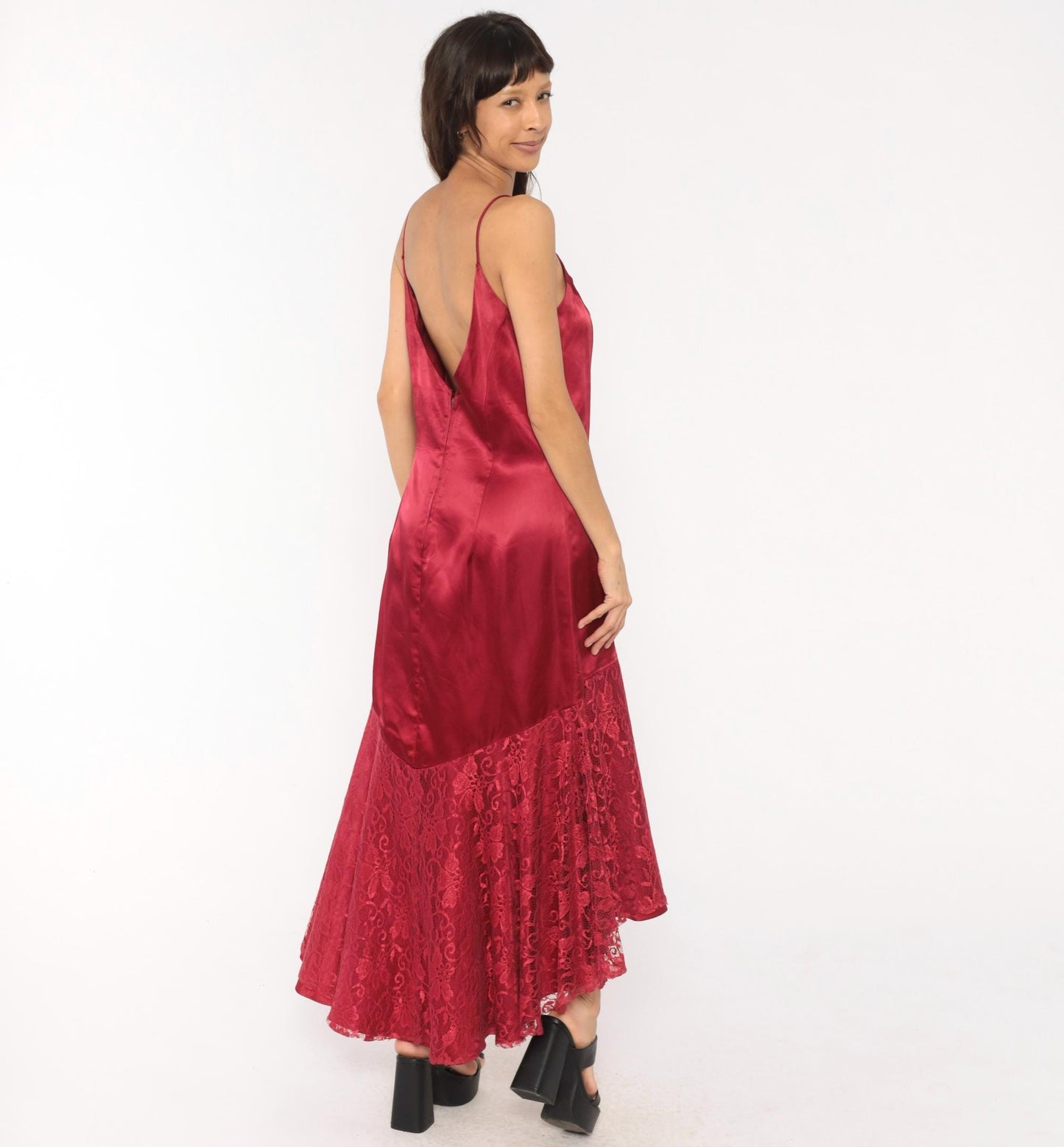 80s Burgundy Satin Slip Dress Mermaid Lace Hem V Neck Low Back Large L