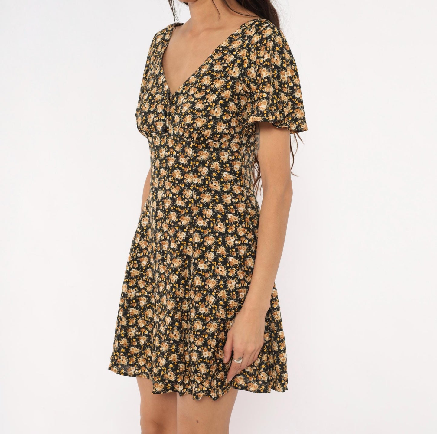 90s Contempo Casuals Floral Mini Dress Black Peach Rose V-Neck Flutter Sleeve Small S