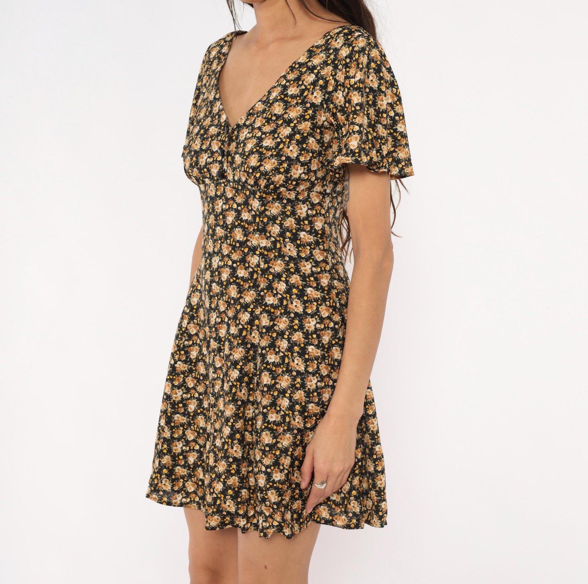 90s Contempo Casuals Floral Mini Dress Black Peach Rose V-Neck Flutter Sleeve Small S