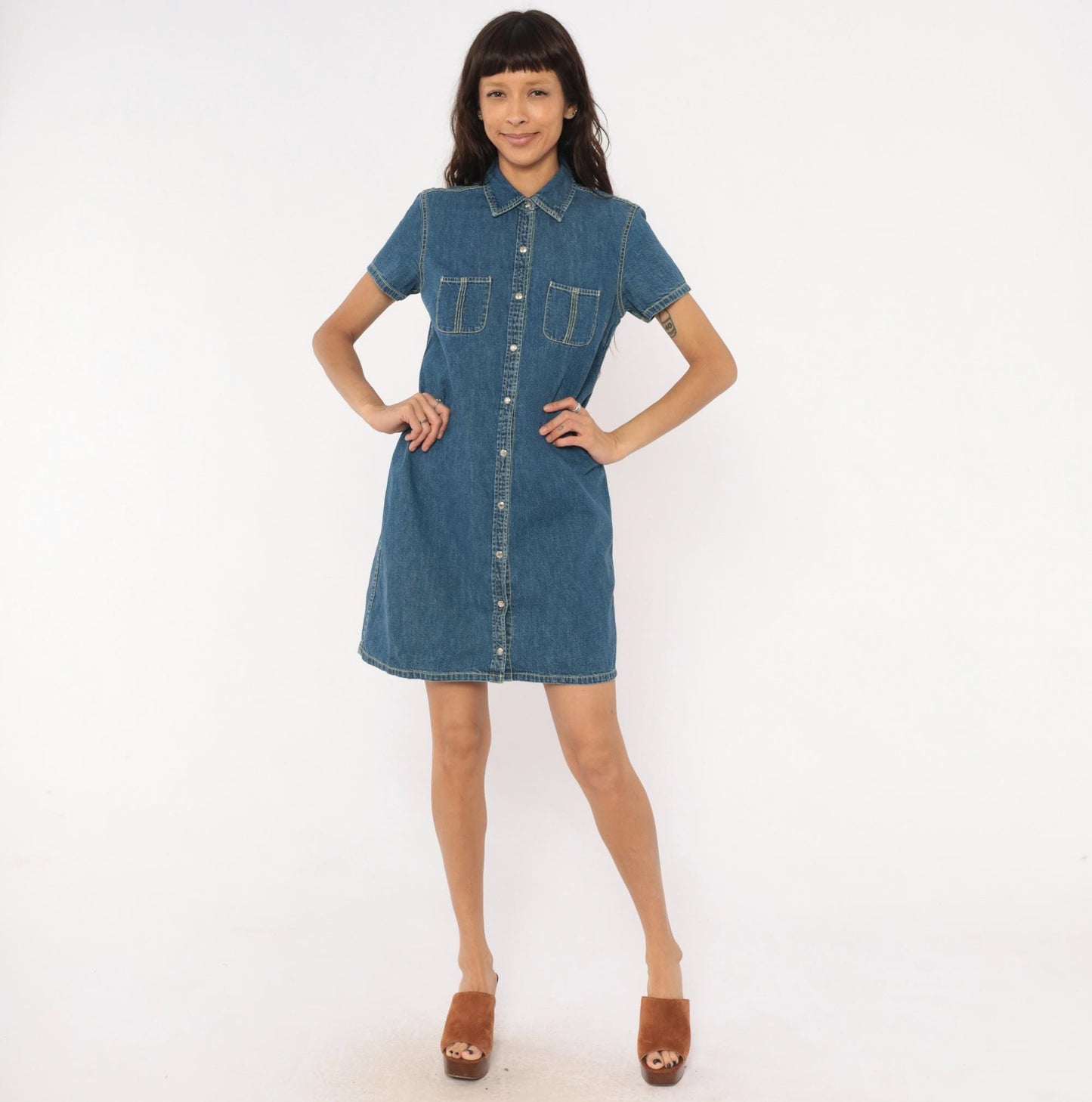Y2K Tommy Hilfiger Denim Shirt Dress Blue Jean Snap Front Small S
