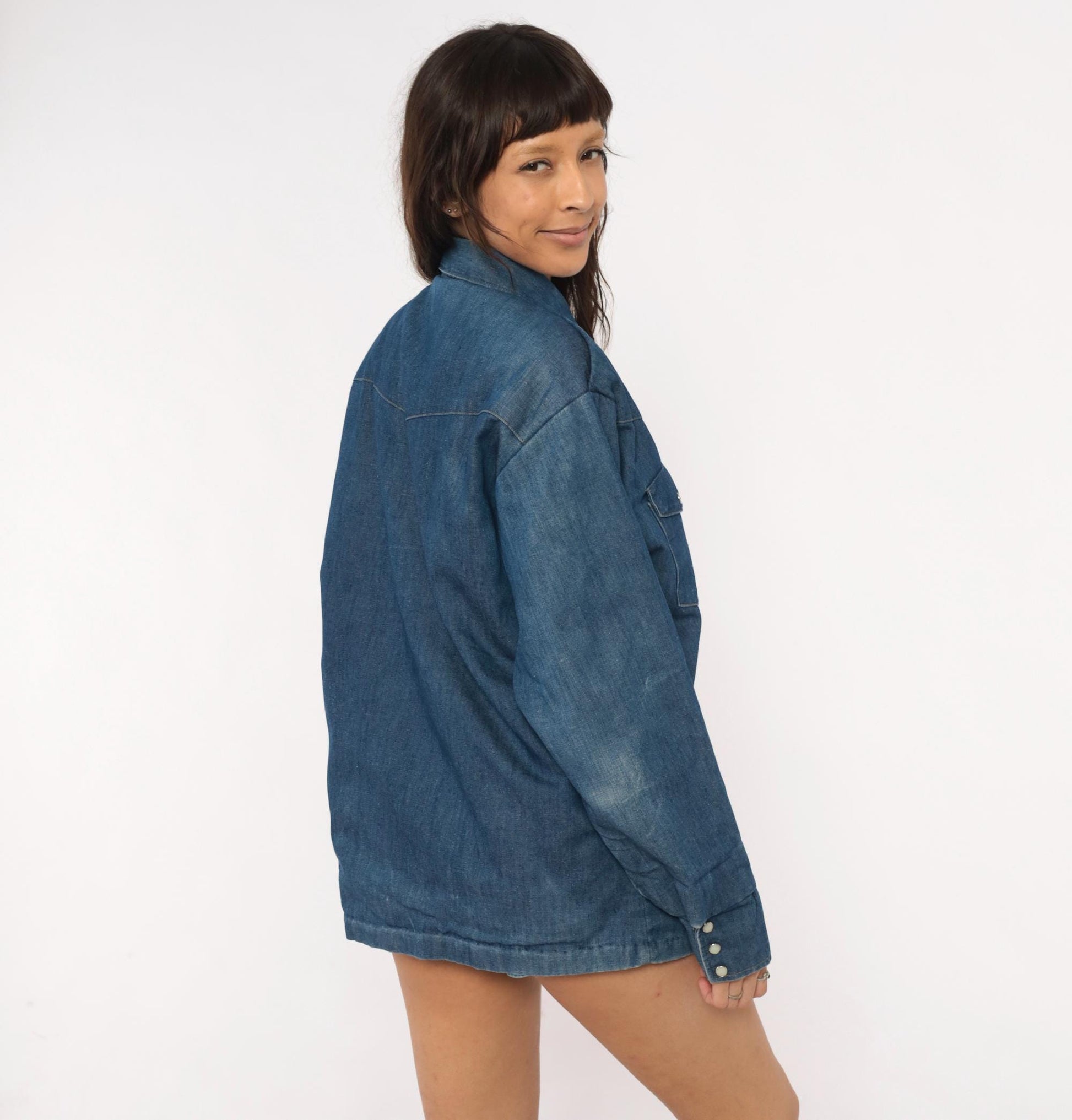 80s JC Penney Western Denim Shirt Cobalt Blue Pearl Snap Yoke Medium