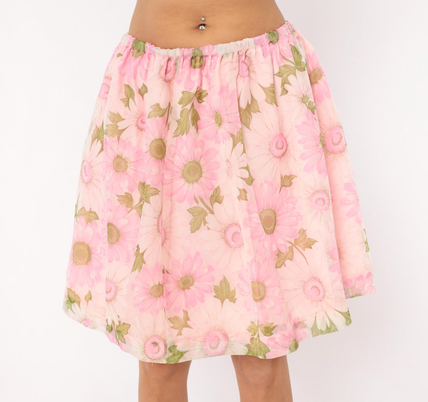 70s Pink Daisy Floral Skirt Gathered Waist A-Line Knee Length Medium Large