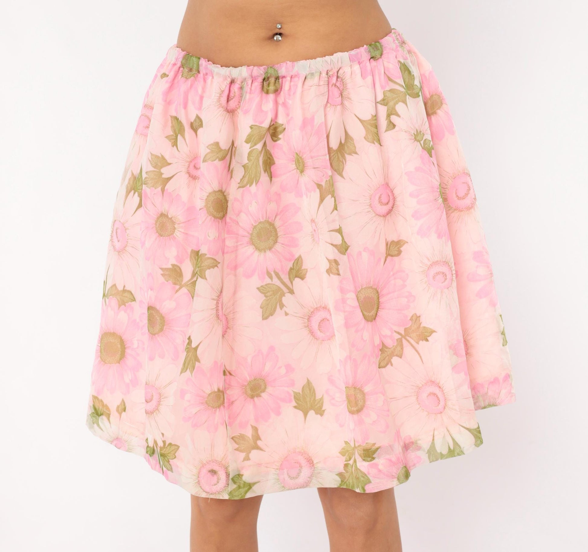 70s Pink Daisy Floral Skirt Gathered Waist A-Line Knee Length Medium Large