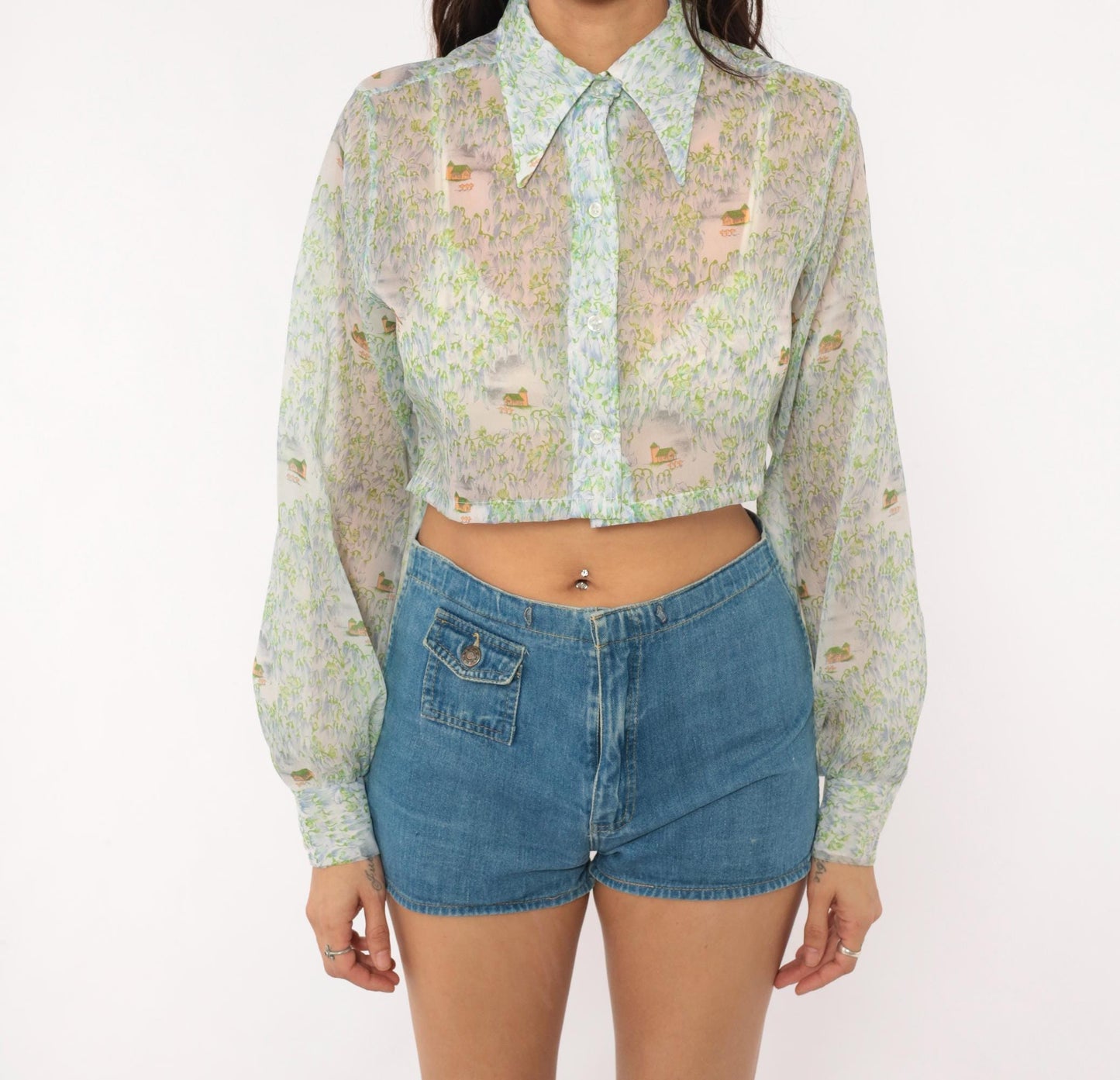 70s Tall Shop Cropped Sheer Blouse Pastoral Landscape Print Green Blue Small Medium