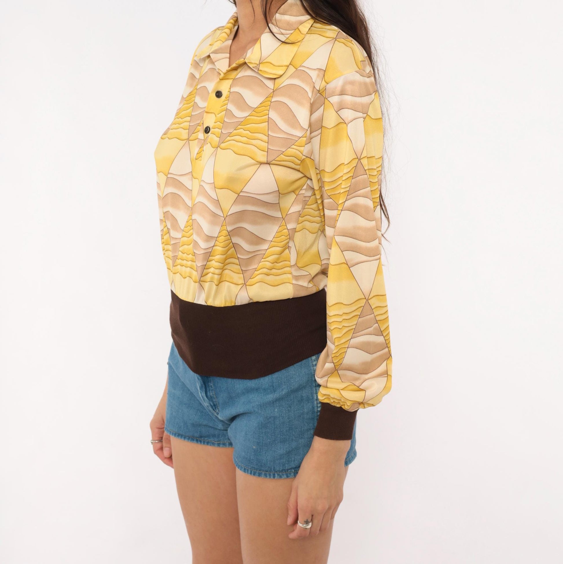 70s Diamond Harlequin Polo Blouse Yellow Beige Long Sleeve Small
