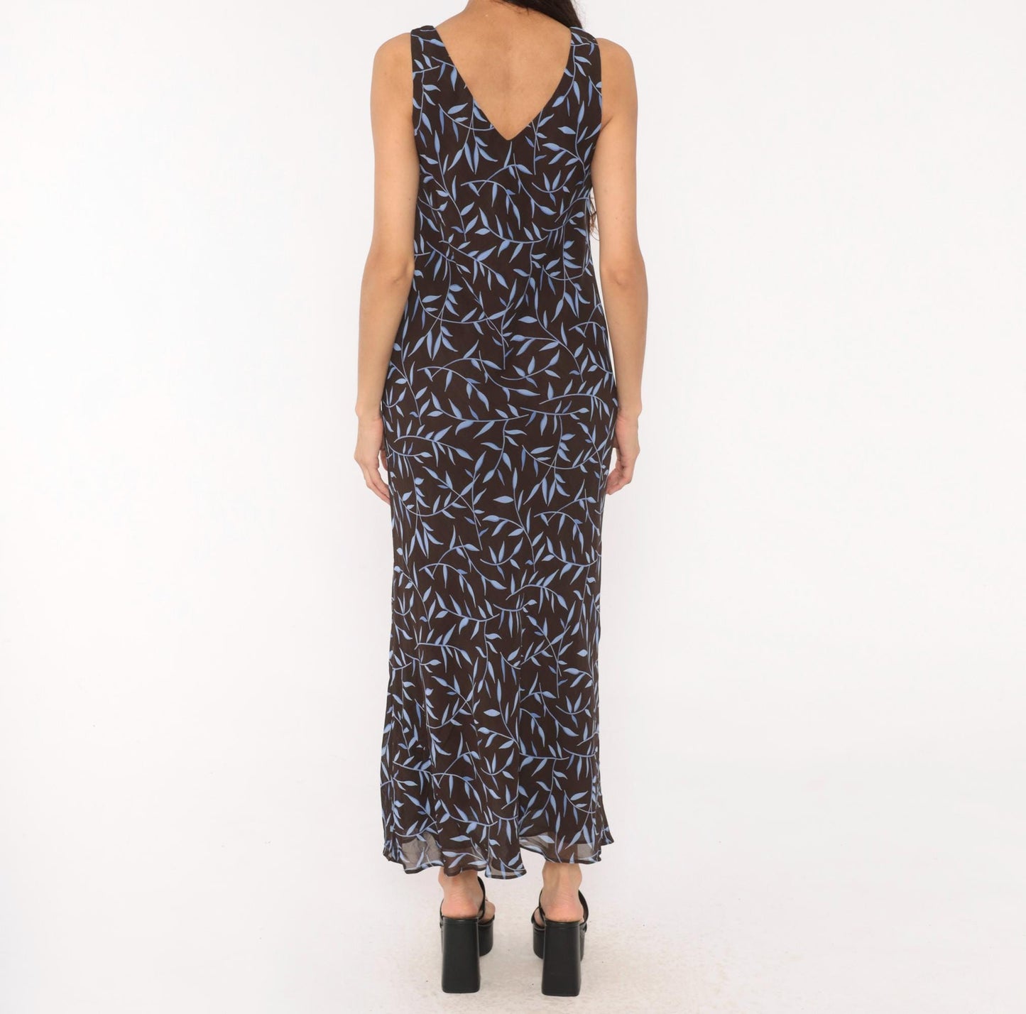 90s Carole Little Maxi Dress Brown Blue Leaf Print Scoop Neck Small S