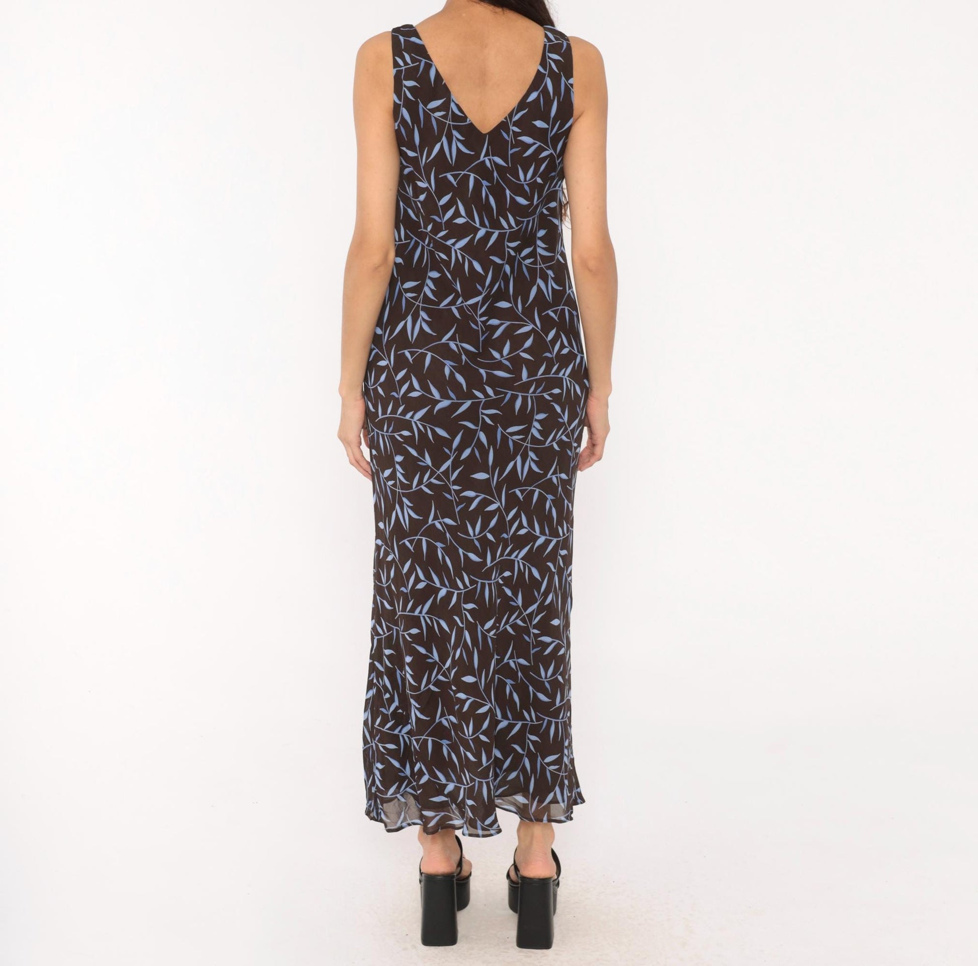 90s Carole Little Maxi Dress Brown Blue Leaf Print Scoop Neck Small S
