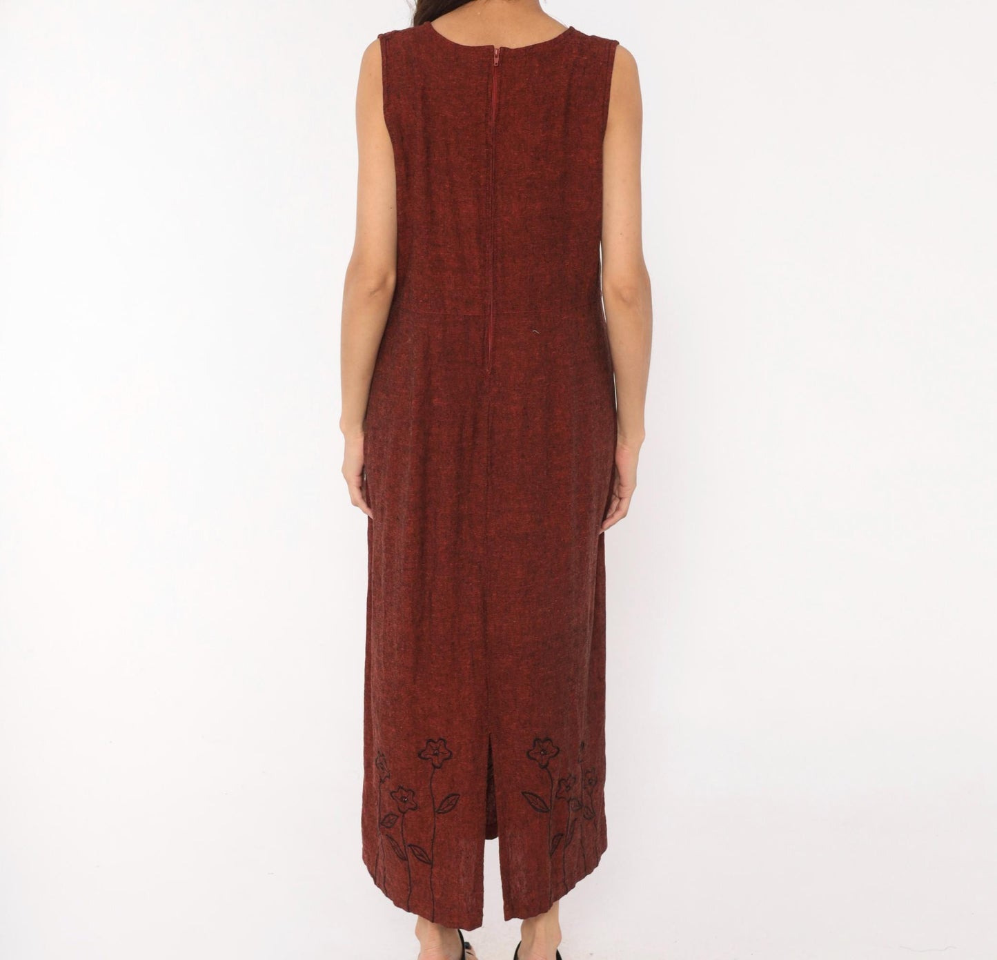 90s Country Wear Casuals Burgundy Linen Maxi Dress Floral Embroidery Large Petite